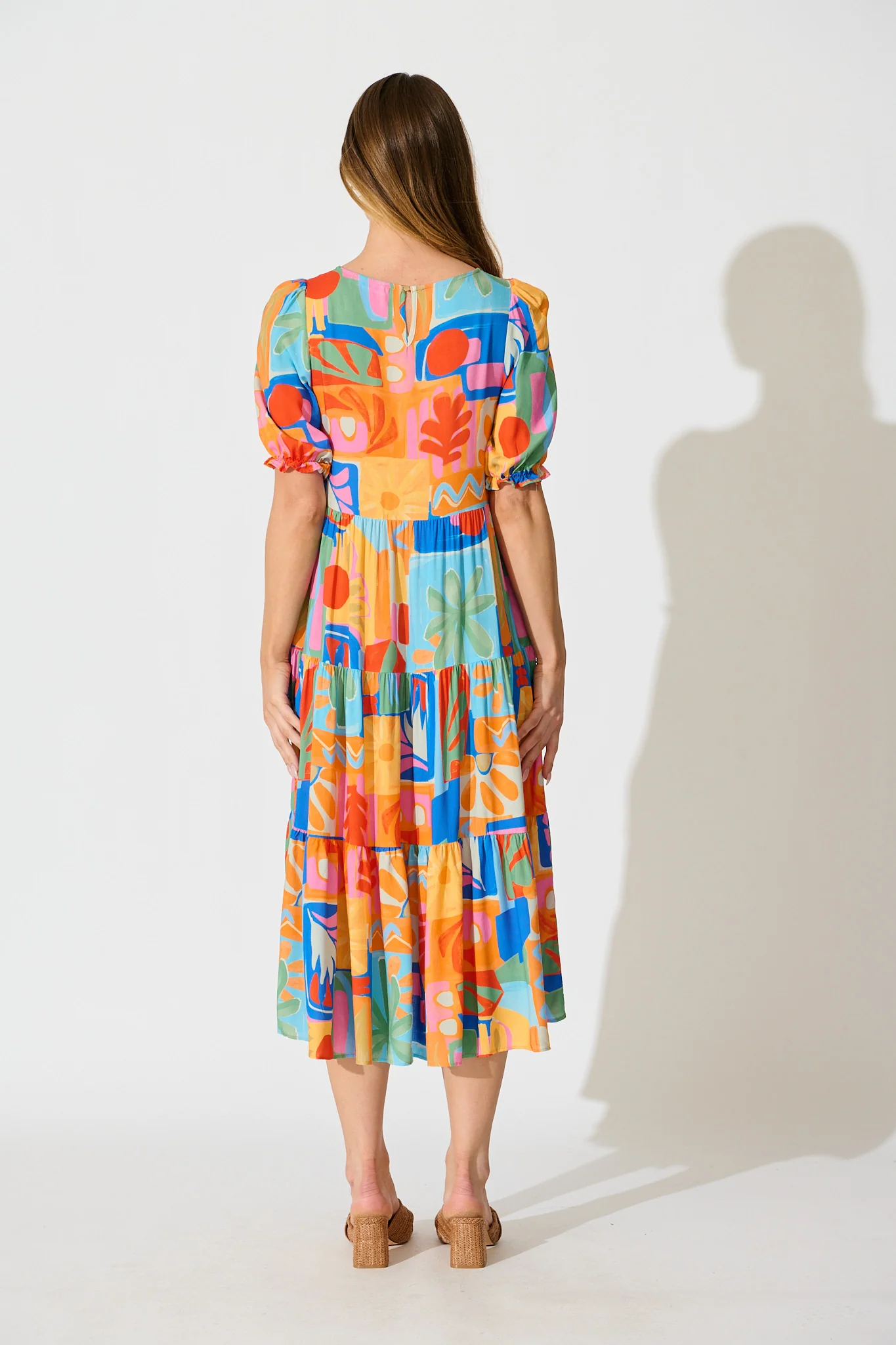 Nevi Tiered Midi Dress in Bright Multi Patchwork Print - Image 4