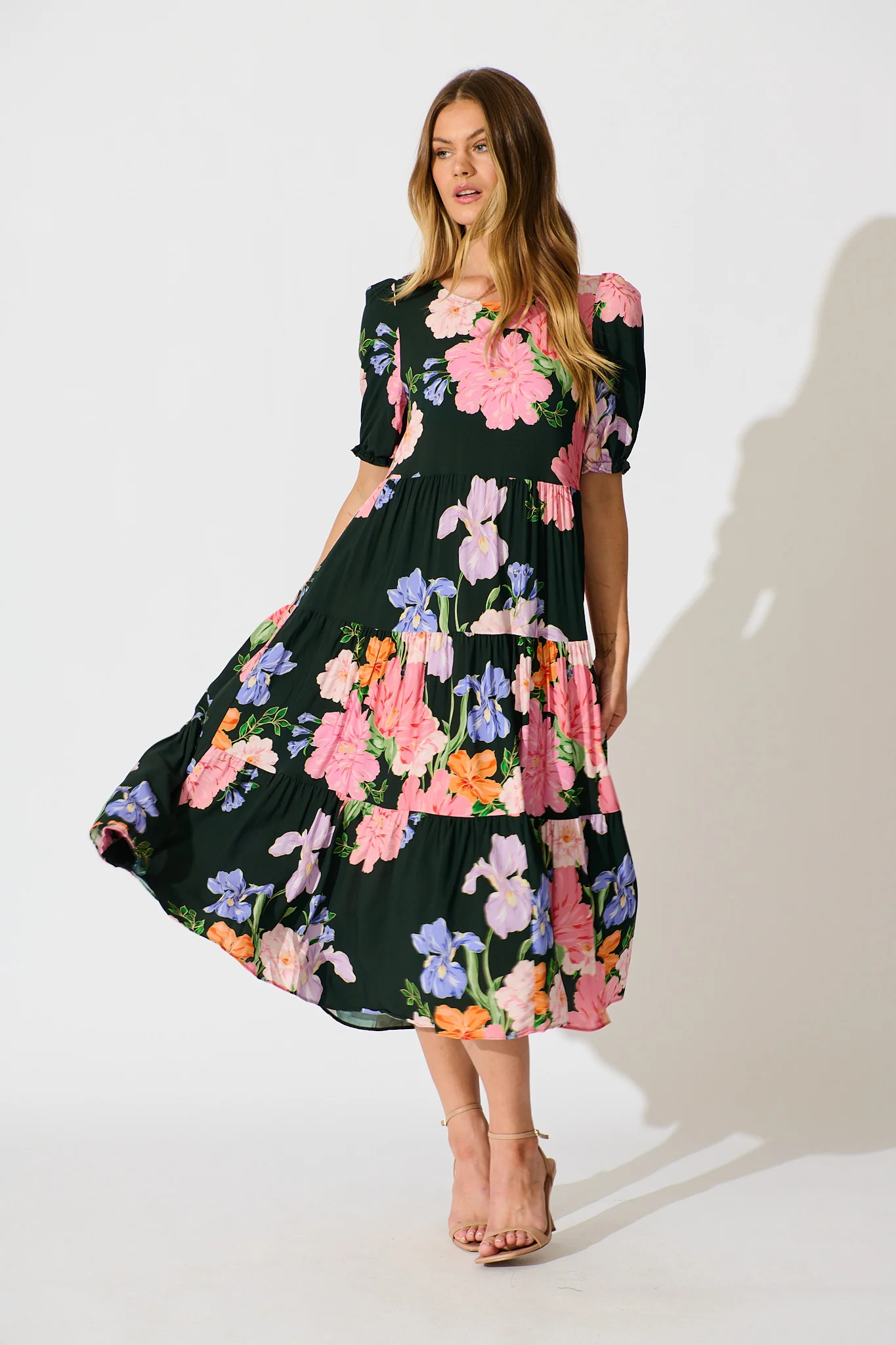Nevi Tiered Midi Dress in Green Multi Floral