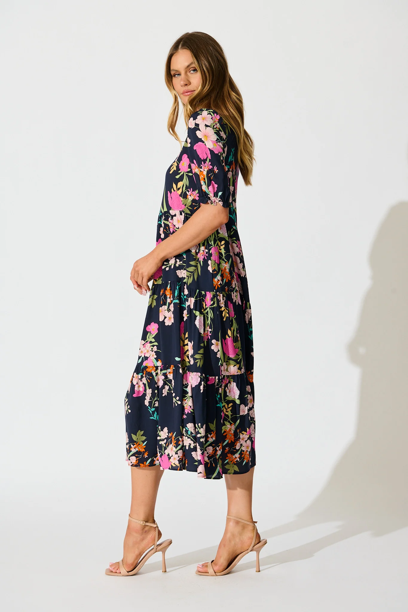 Nevi Tiered Midi Dress In Navy Multi Floral - Image 3