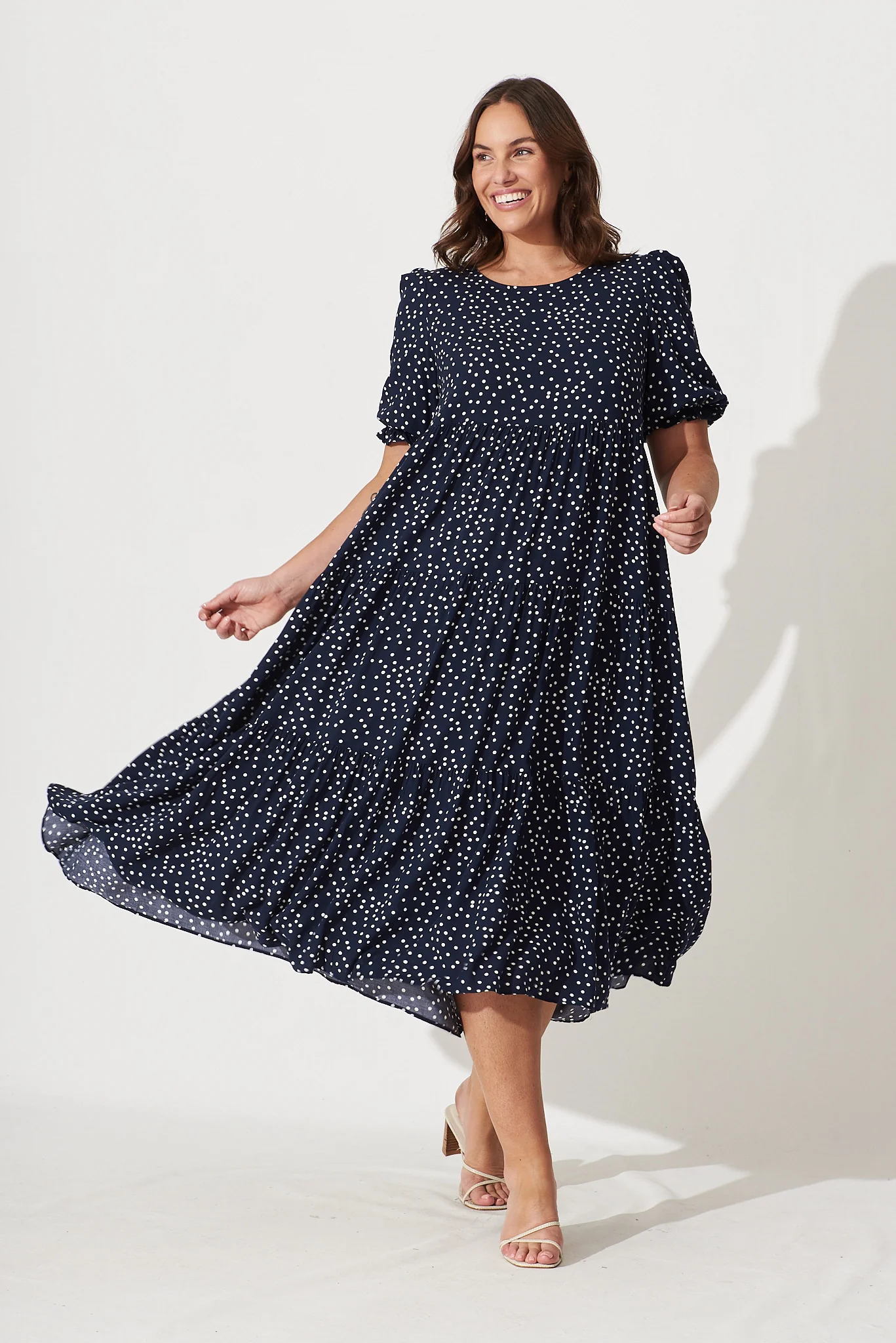 Nevi Tiered Midi Dress in Navy Spot - Image 7