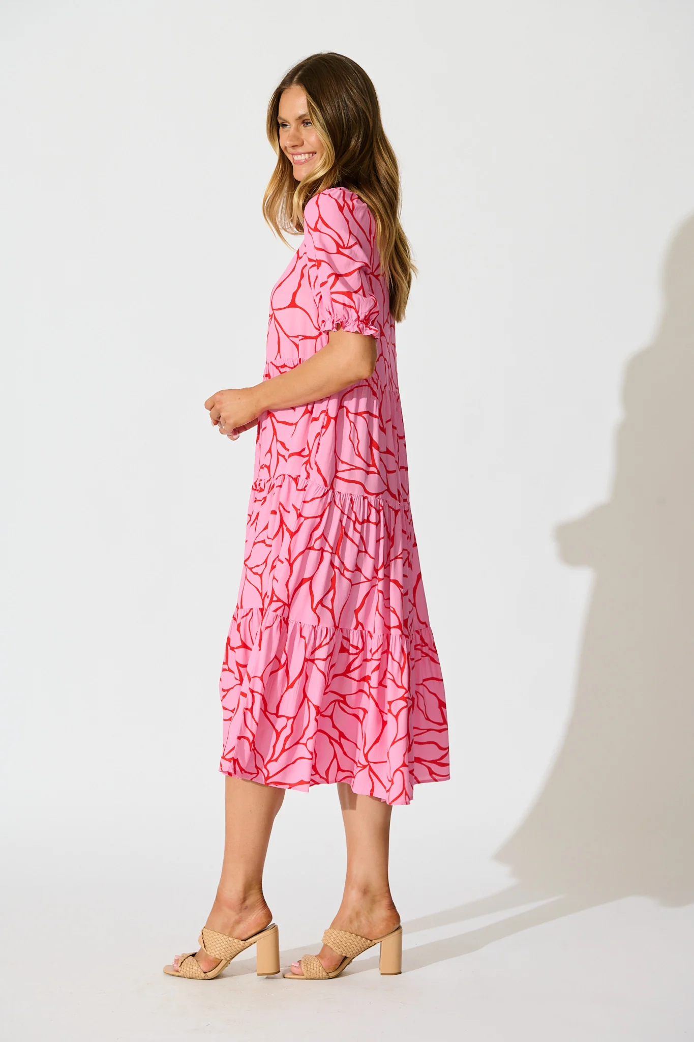 Nevi Tiered Midi Dress In Pink With Red Swirl Print - Image 3