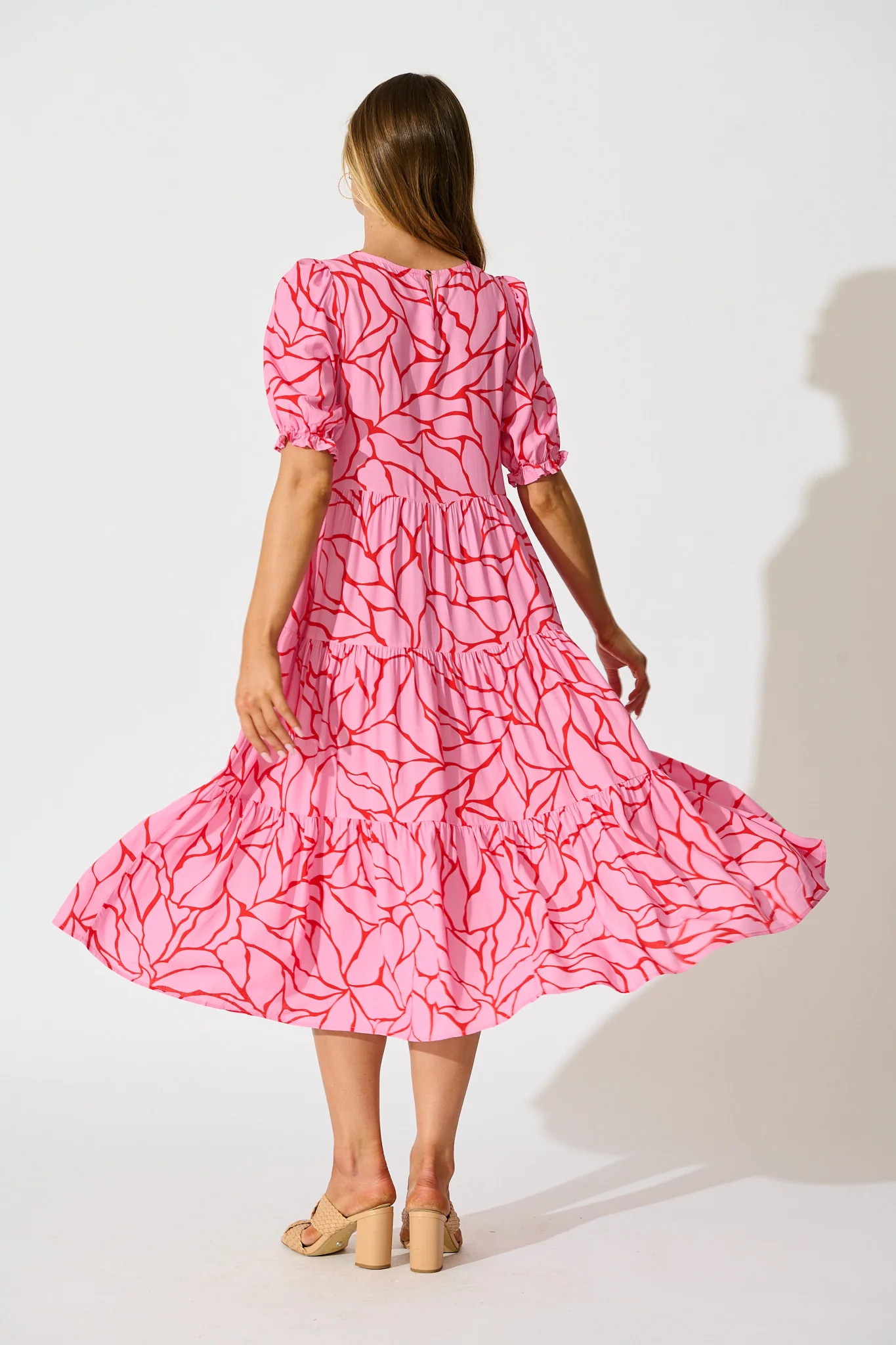 Nevi Tiered Midi Dress In Pink With Red Swirl Print - Image 4