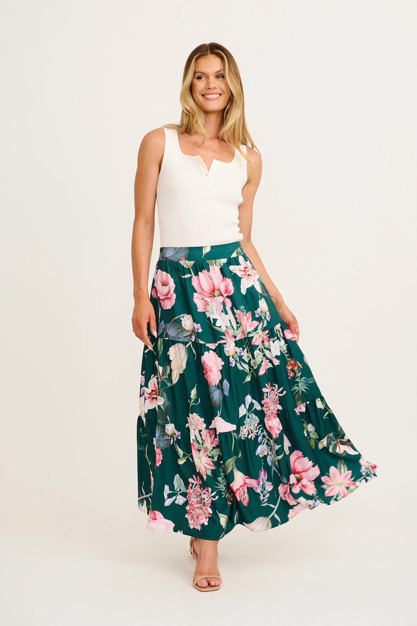 Newmoon Maxi Skirt in Green with Blush Floral - Image 4