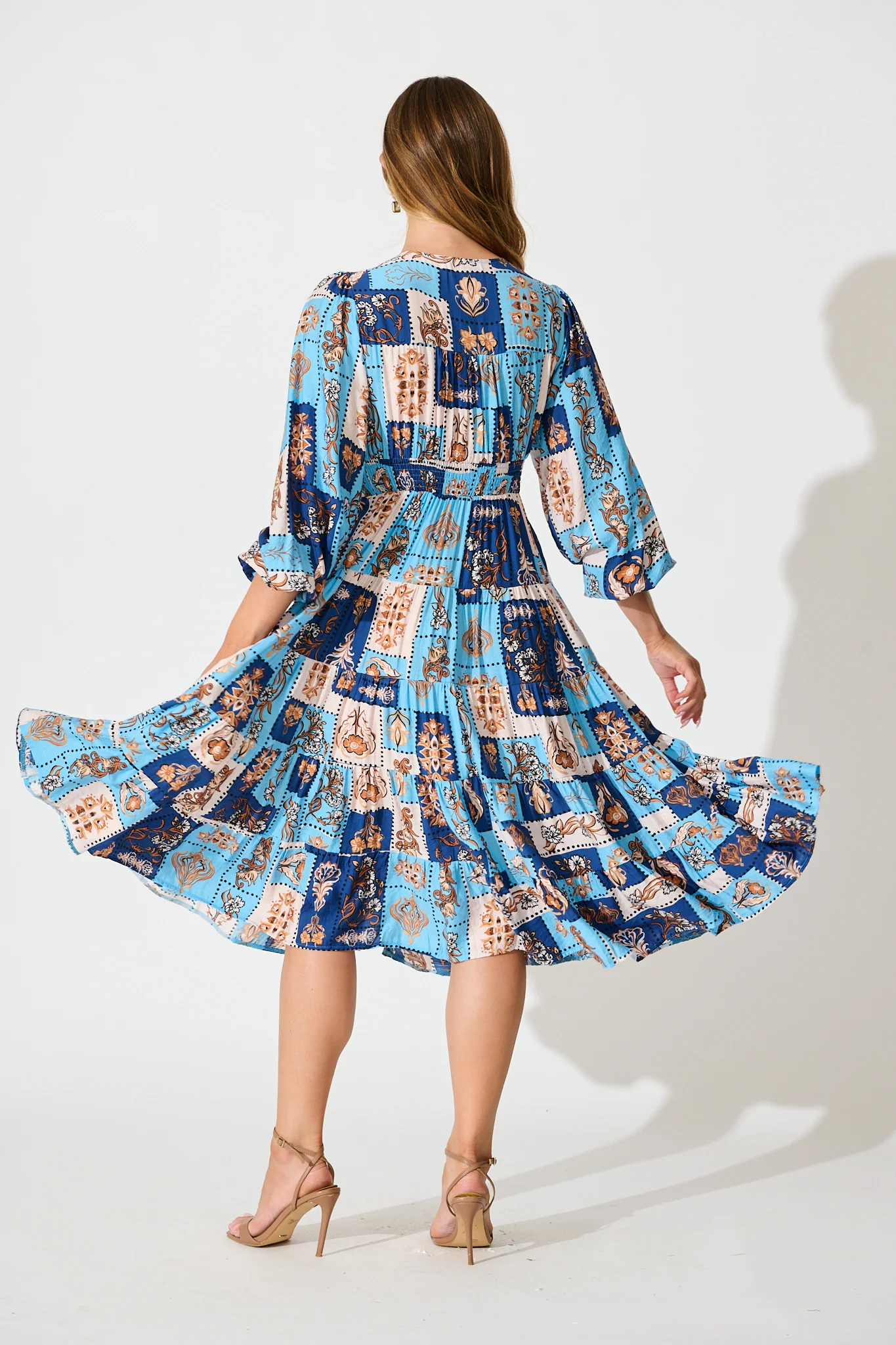Nimisha Midi Dress in Blue with Brown Patchwork Print - Image 4