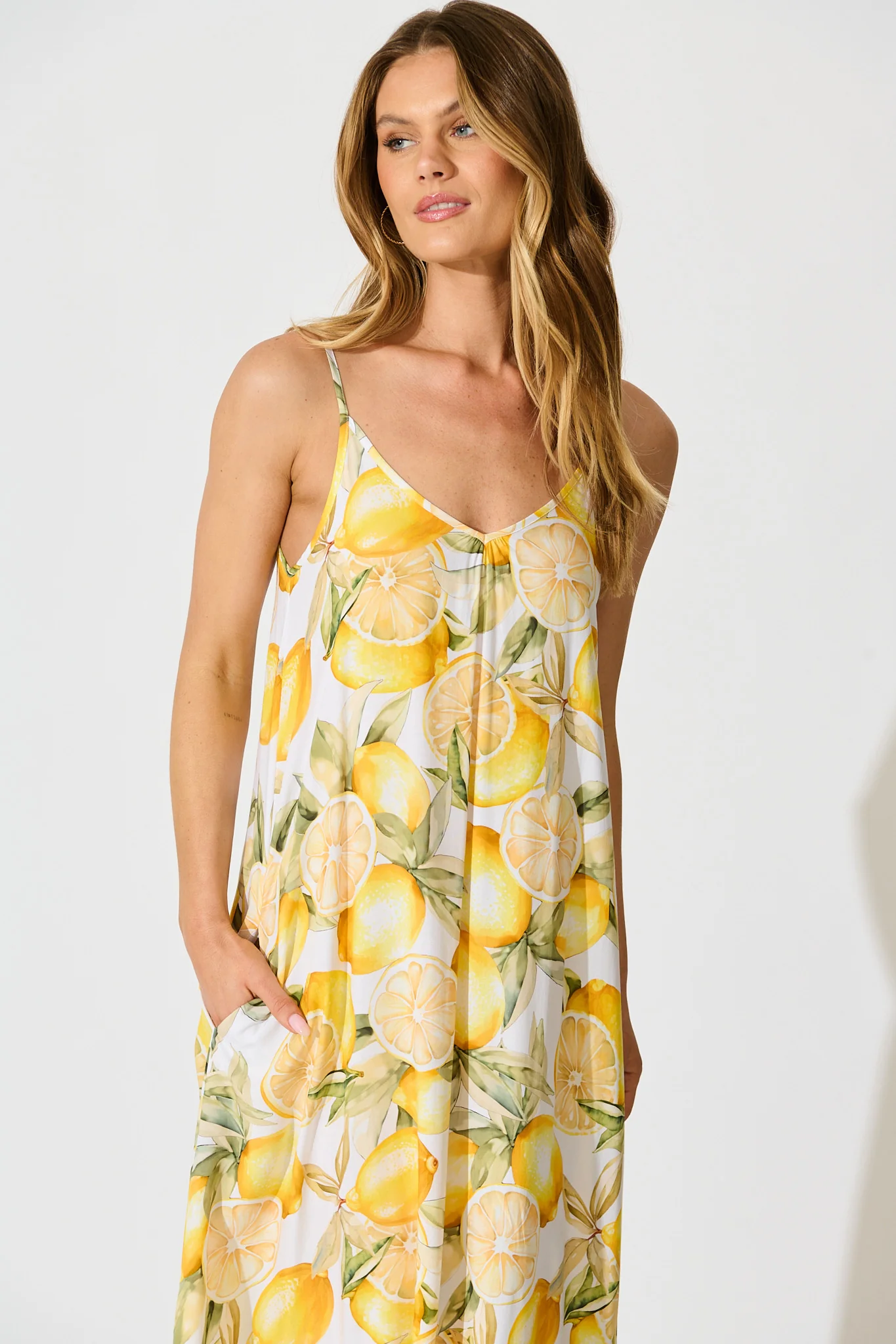 No Scrubs Maxi Dress in Butter Yellow Lemon Print - Image 2