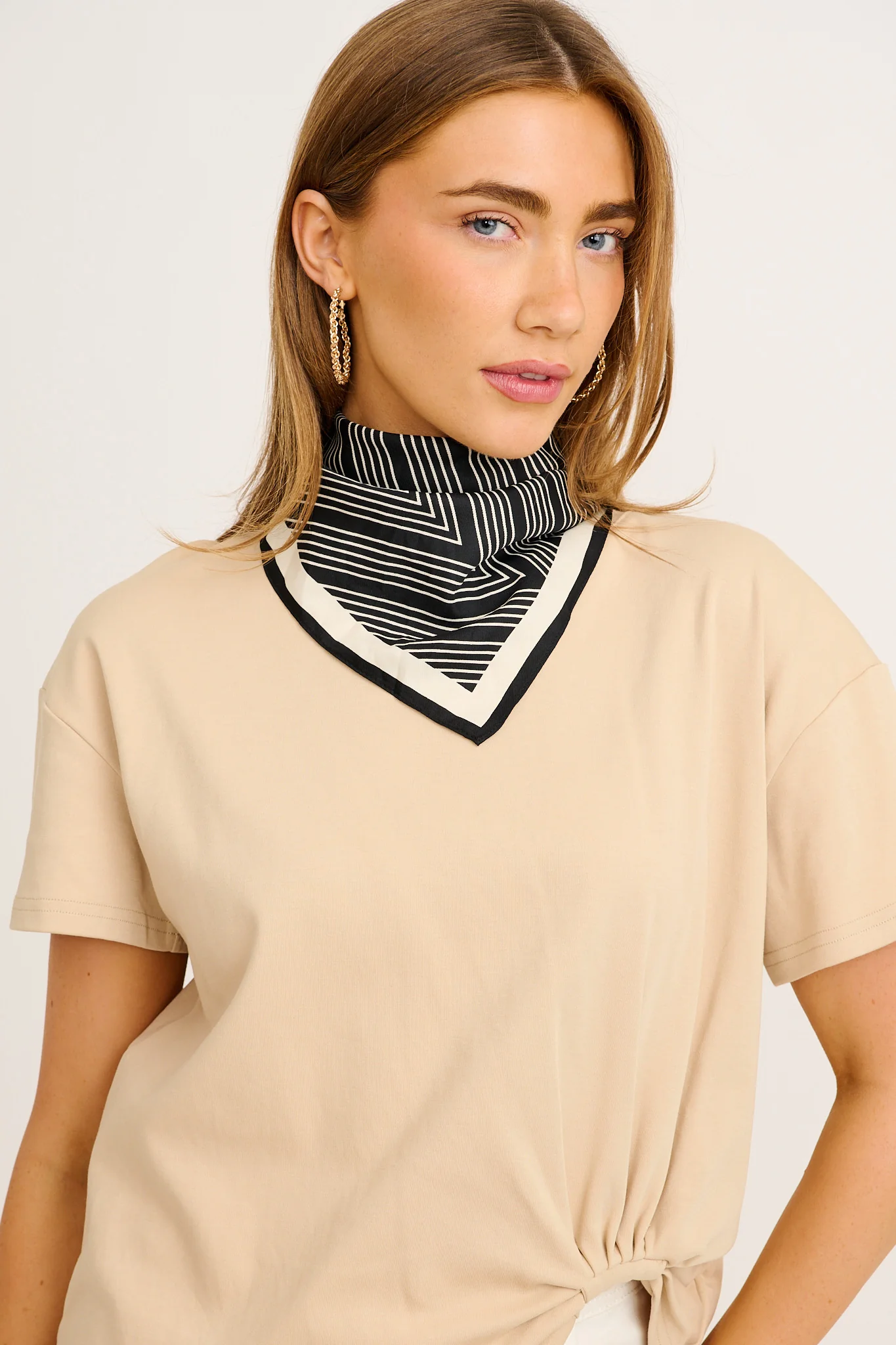 Noemi Monochrome Scarf in Black and White Stripe Satin