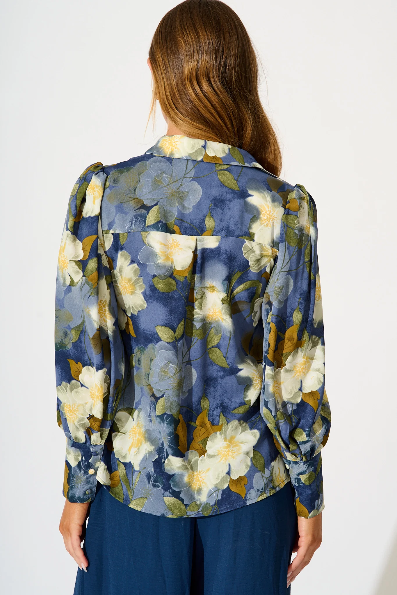 Nolita Shirt in Multi Blue Floral Print Satin - Image 3