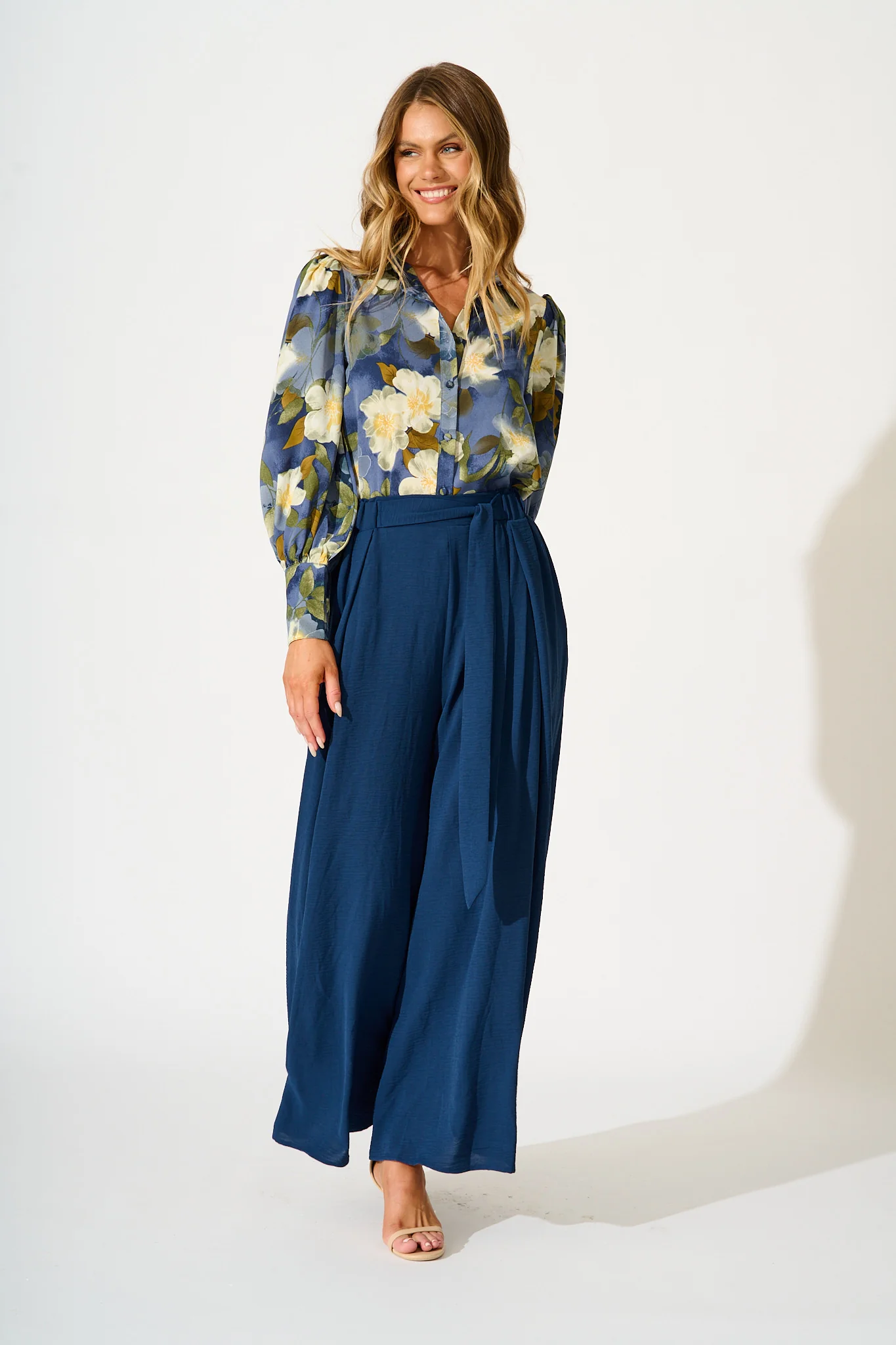 Nolita Shirt in Multi Blue Floral Print Satin - Image 4