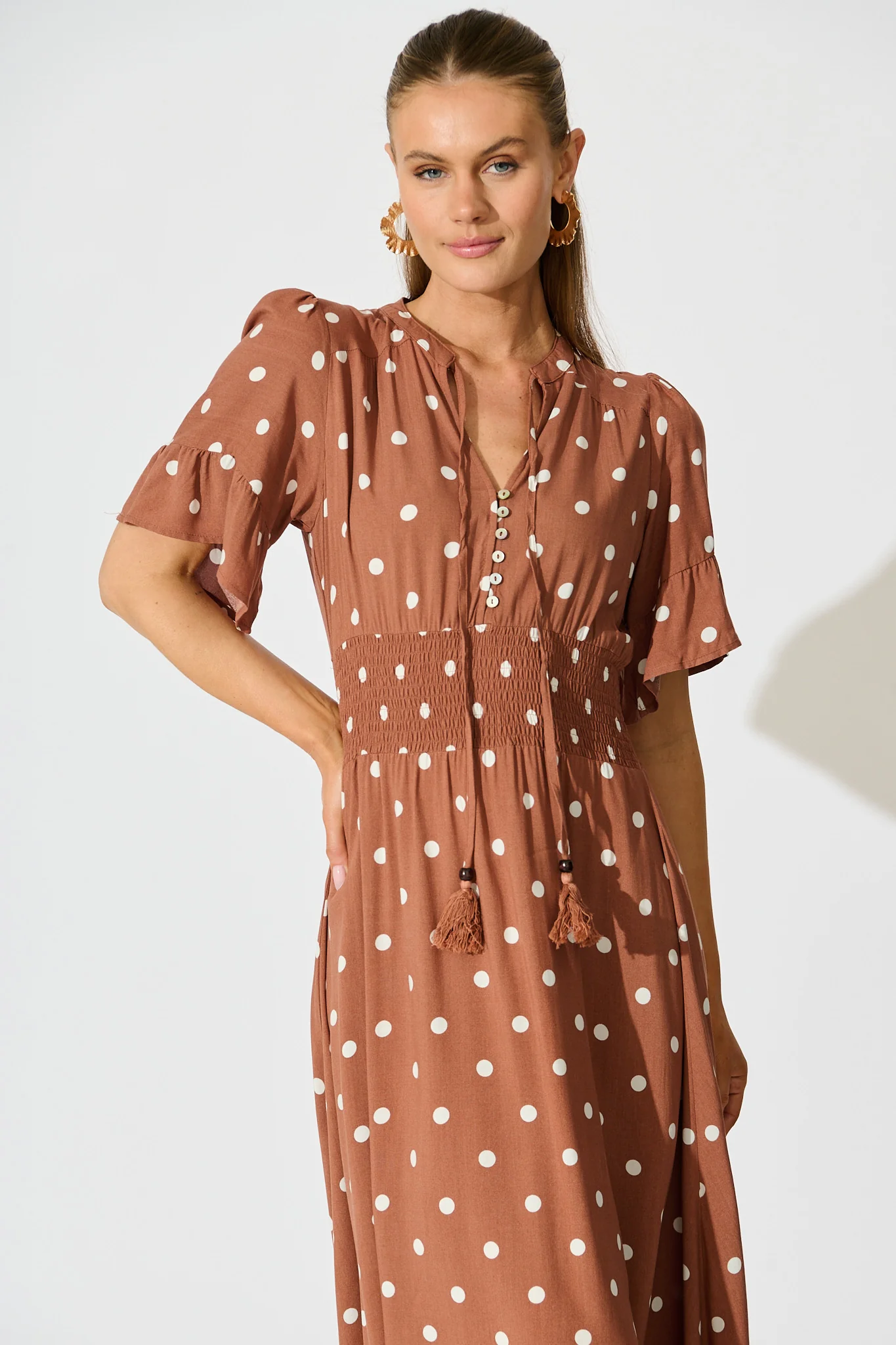 Noree Midi Dress in Brown with White Polka Dot - Image 2