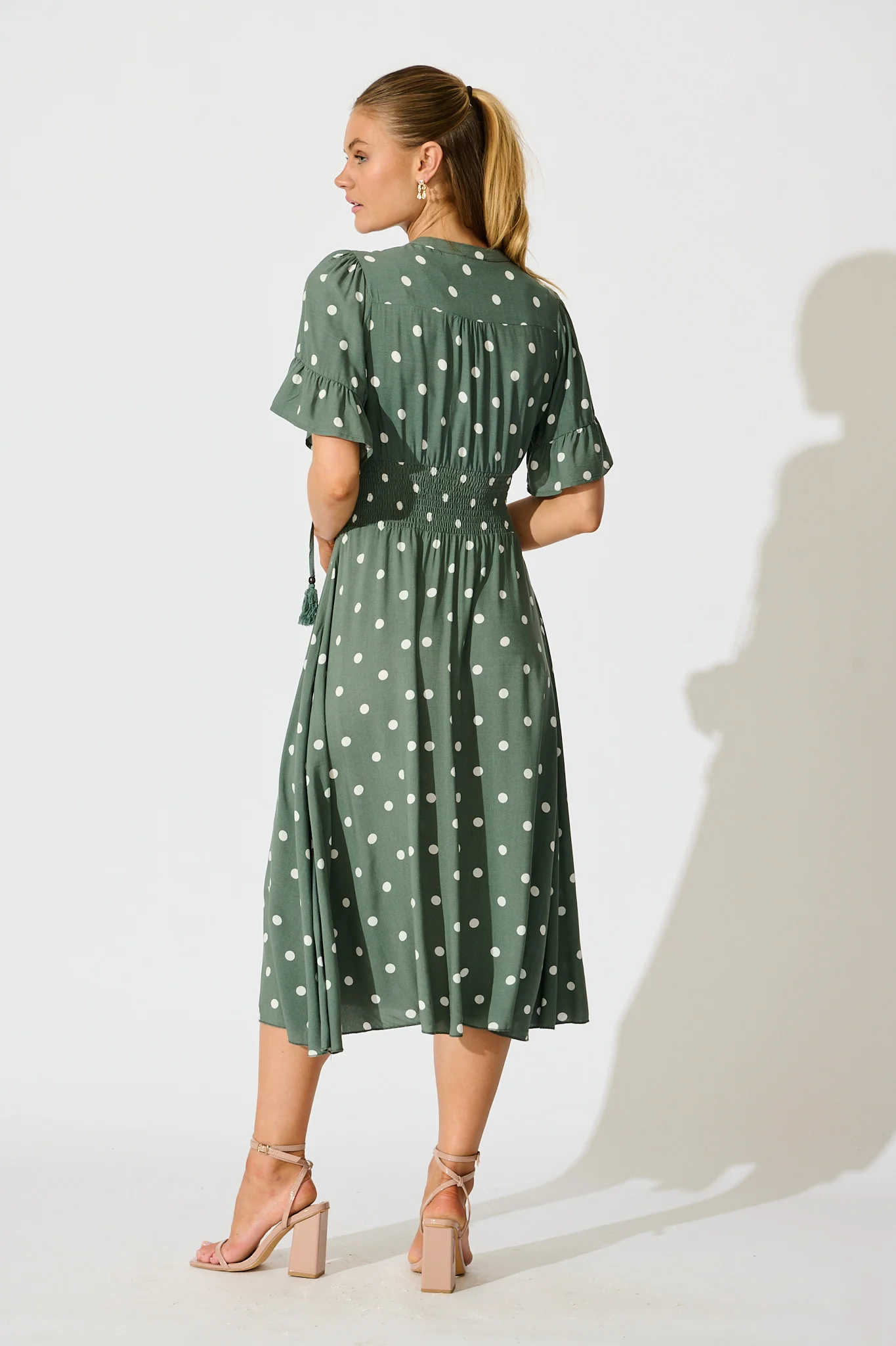 Noree Midi Dress in Khaki with White Polka Dot - Image 4