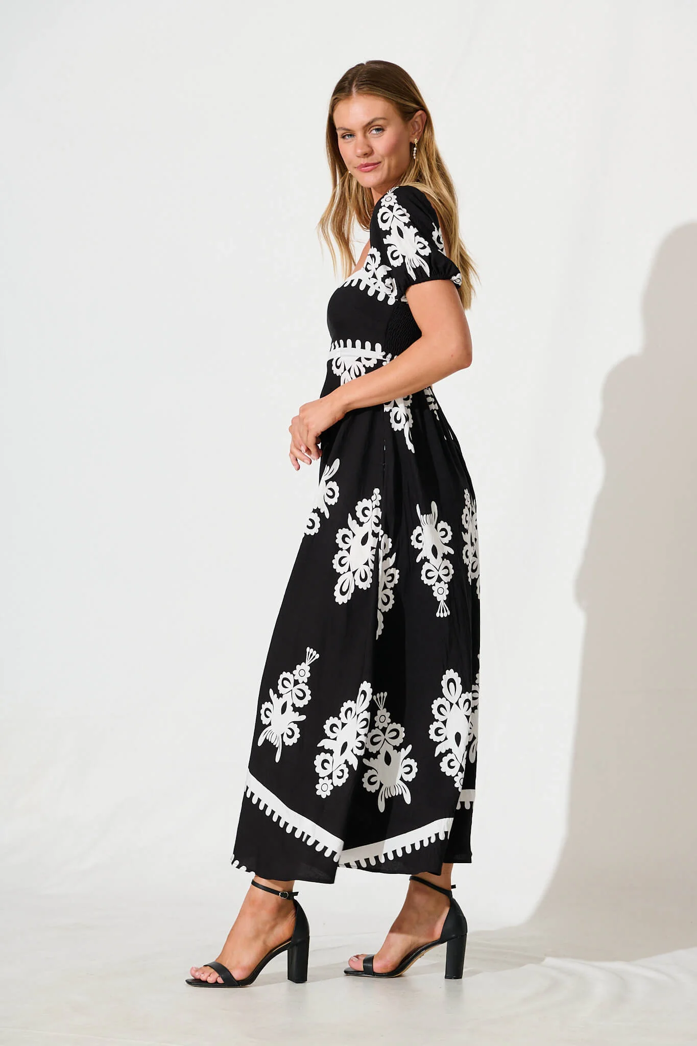 Norvi Maxi Dress in Black with White Print - Image 3