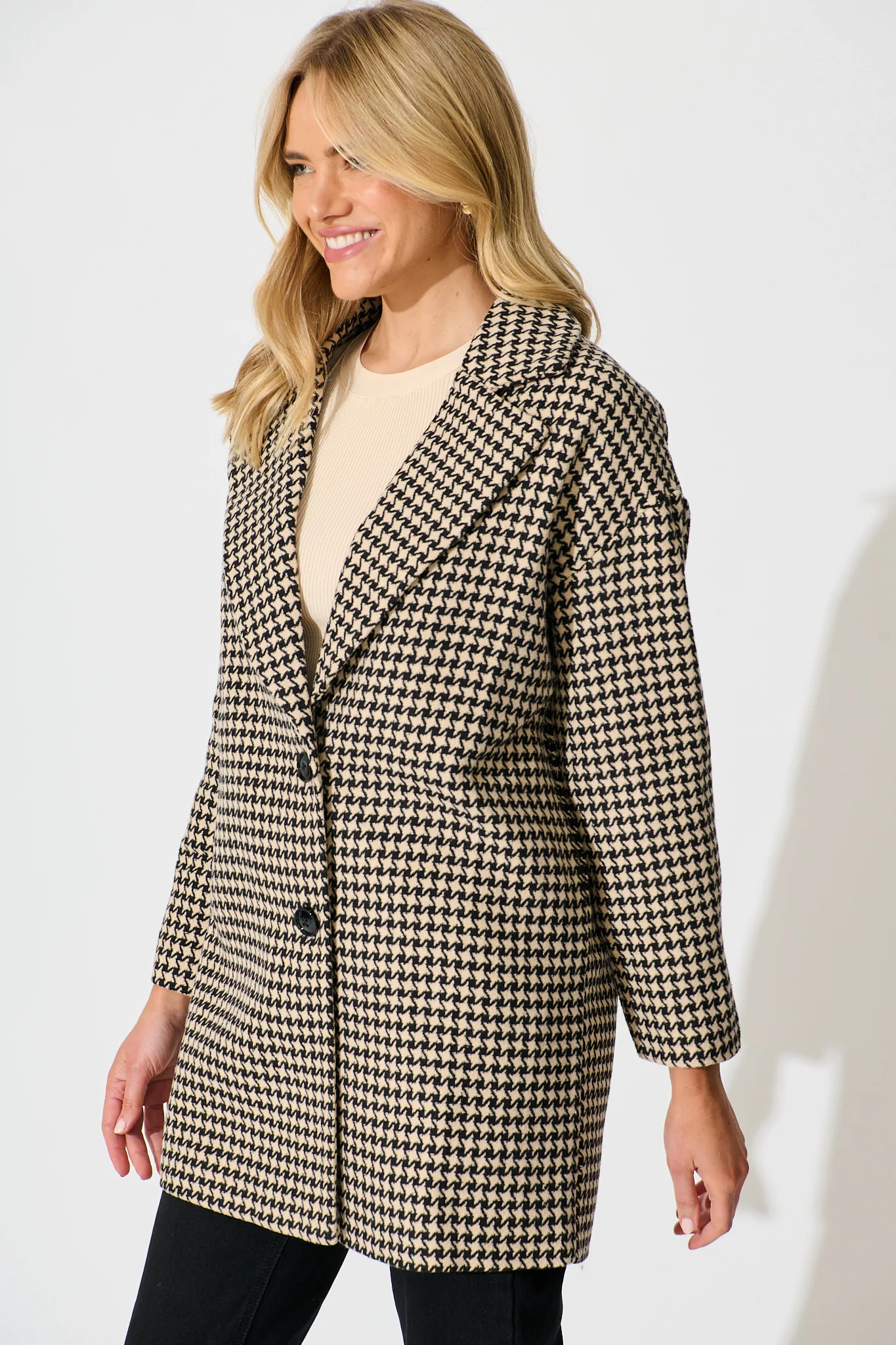 Norvina Coat in Beige with Black Herringbone Check - Image 3