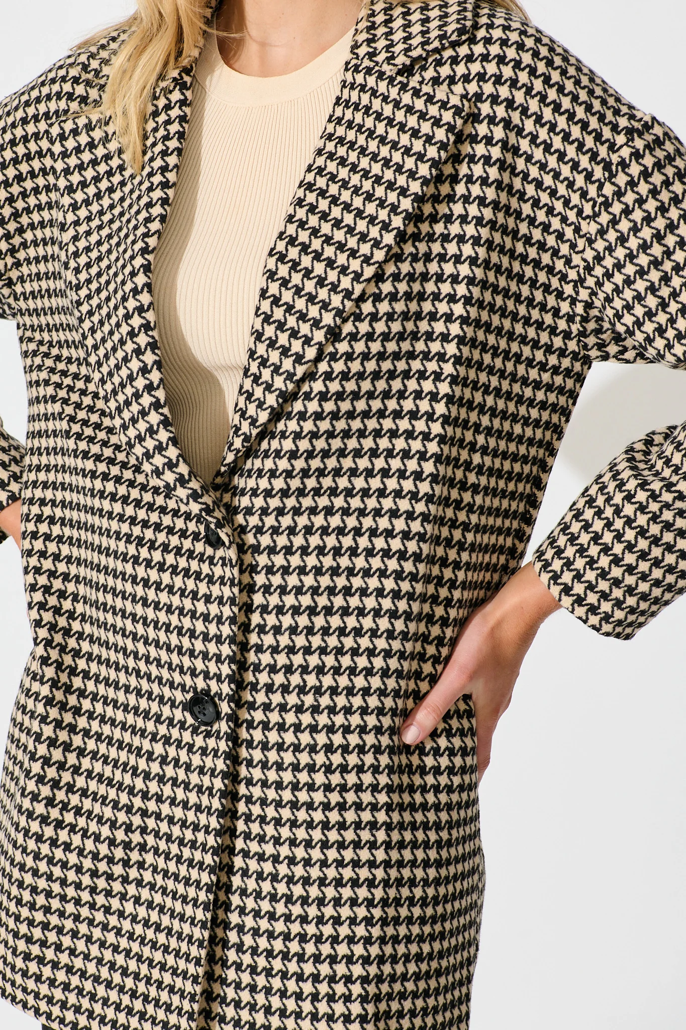 Norvina Coat in Beige with Black Herringbone Check - Image 5
