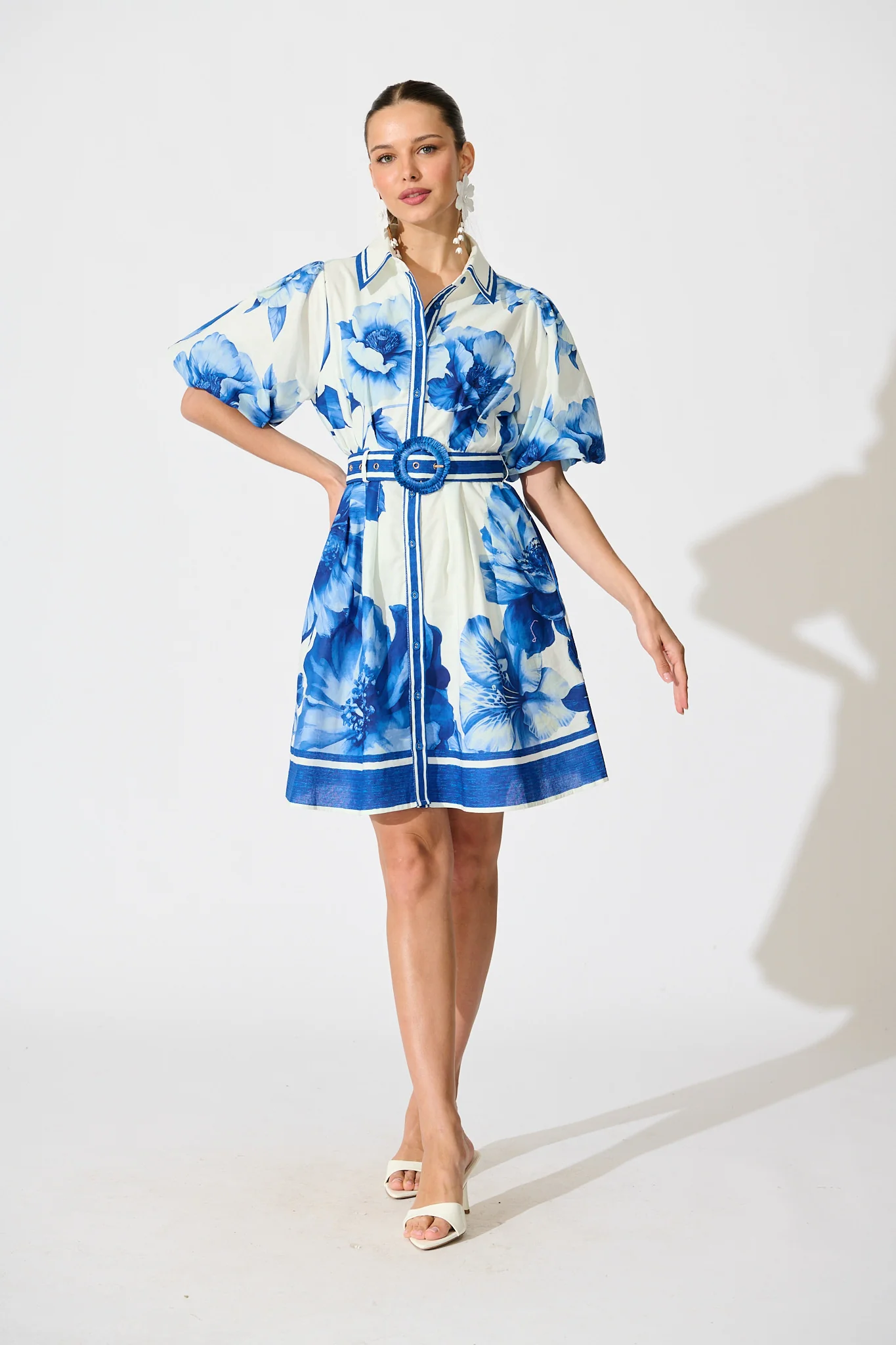 Nylen Shirt Dress in Blue Floral Border Print Cotton