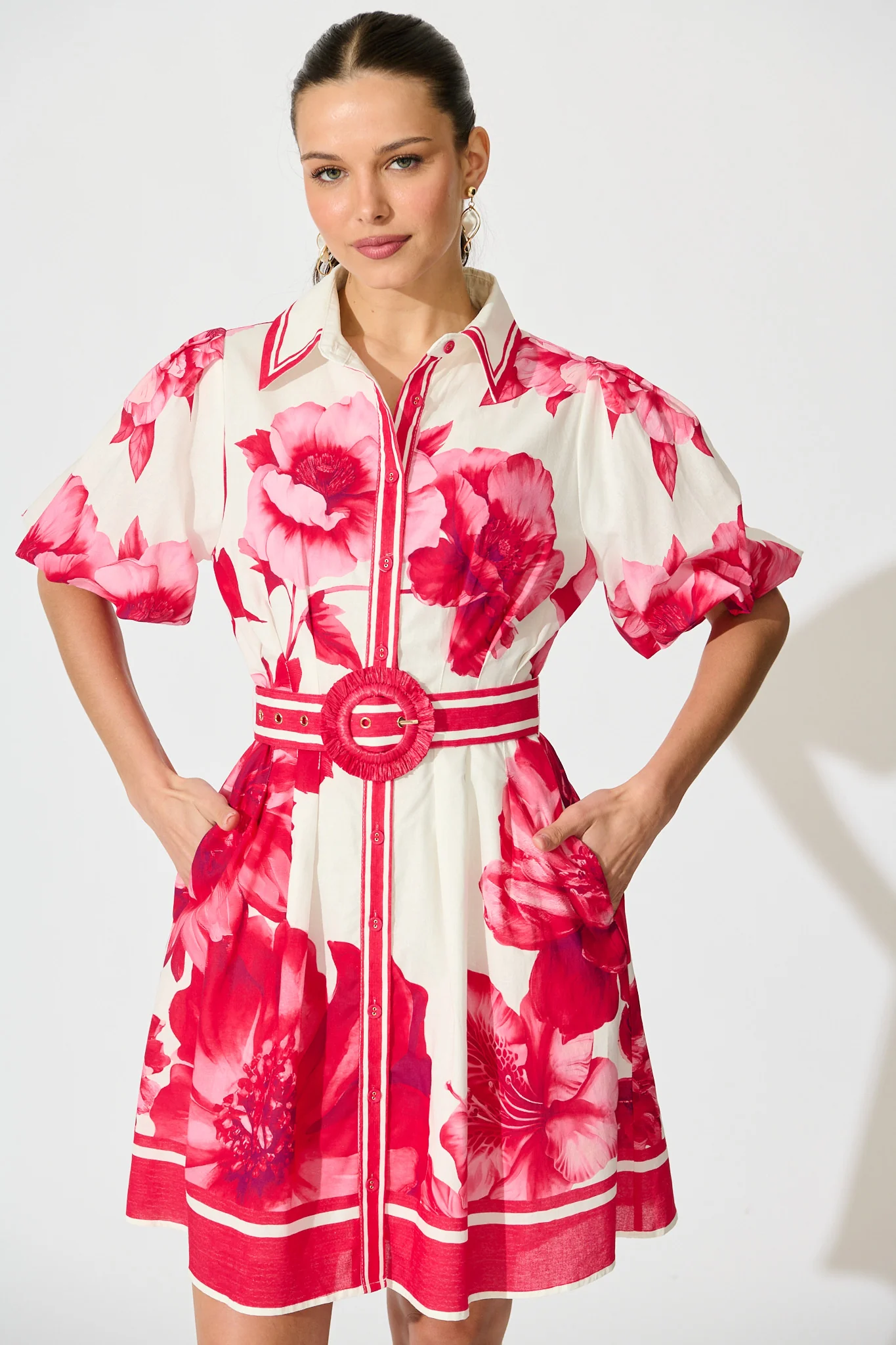 Nylen Shirt Dress In Pink Floral Border Print Cotton - Image 2