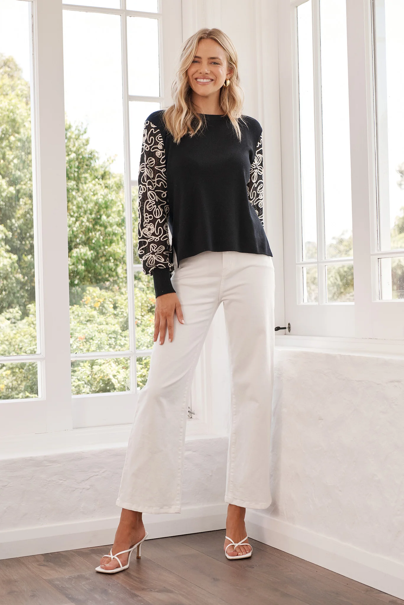 Nyomi Knit in Black with Embroidered Sleeve Wool Blend - Image 3