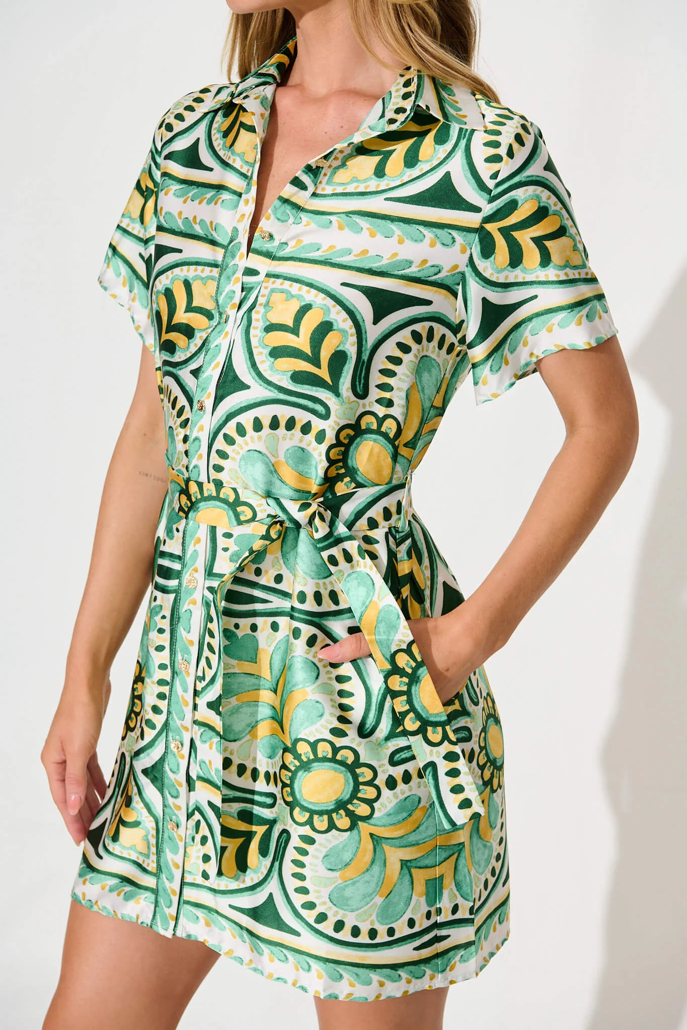 Oakbrook Shirt Dress In White With Green And Yellow Tile Print - Image 5