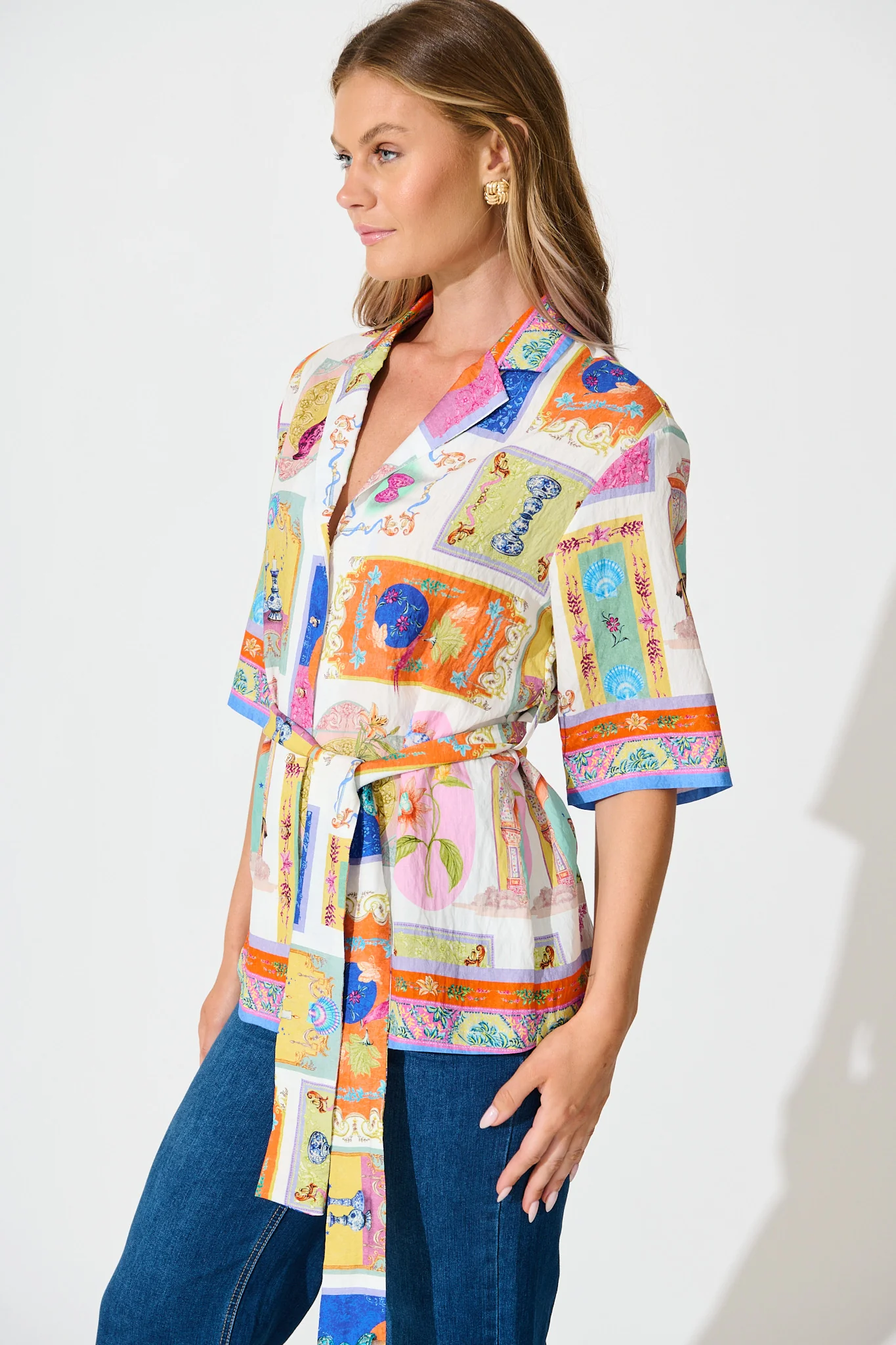 Oasis Shirt in Cream with Multi Conversational Print - Image 4
