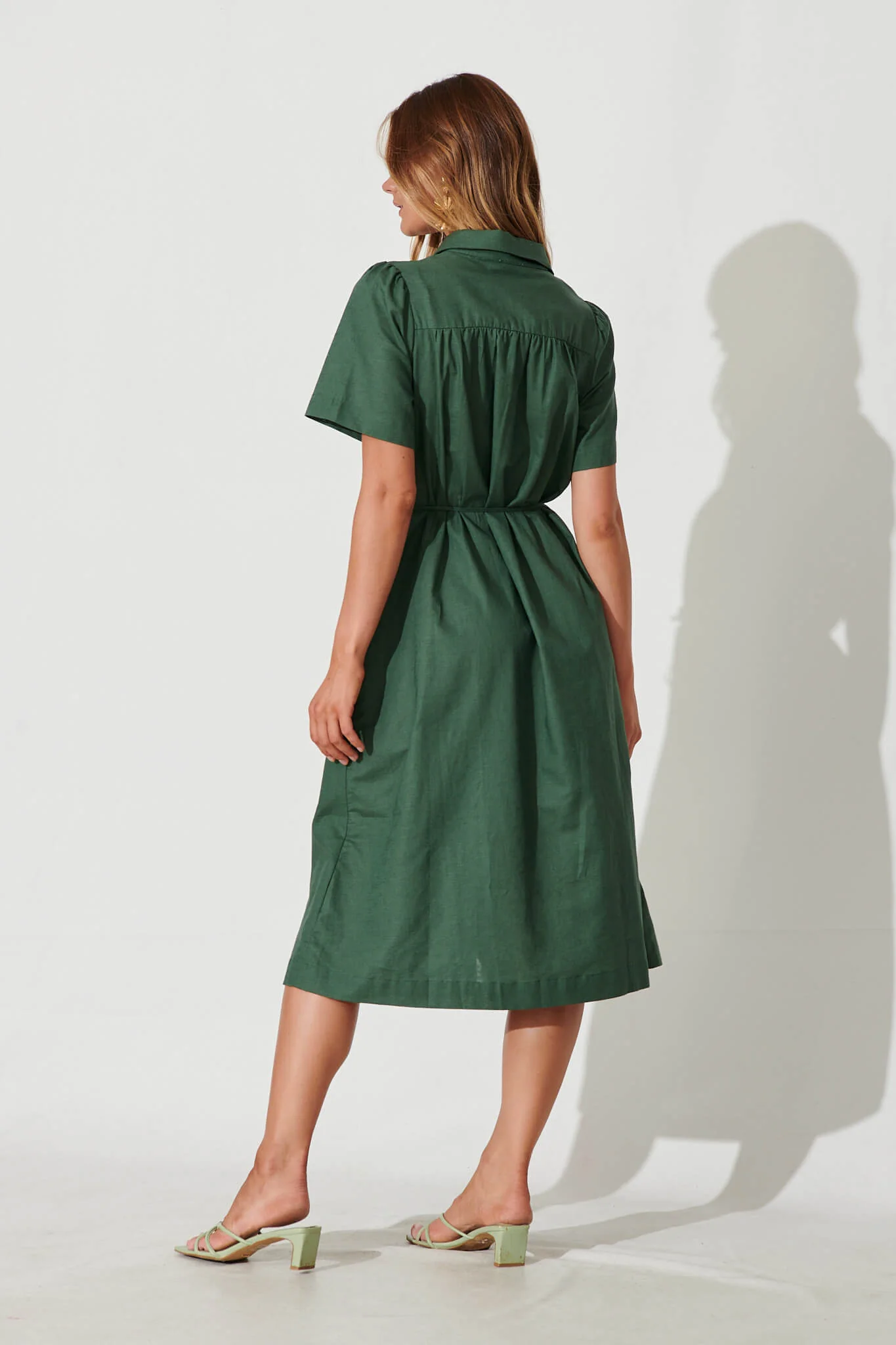 Oatland Midi Shirt Dress In Green Cotton Linen - Image 4
