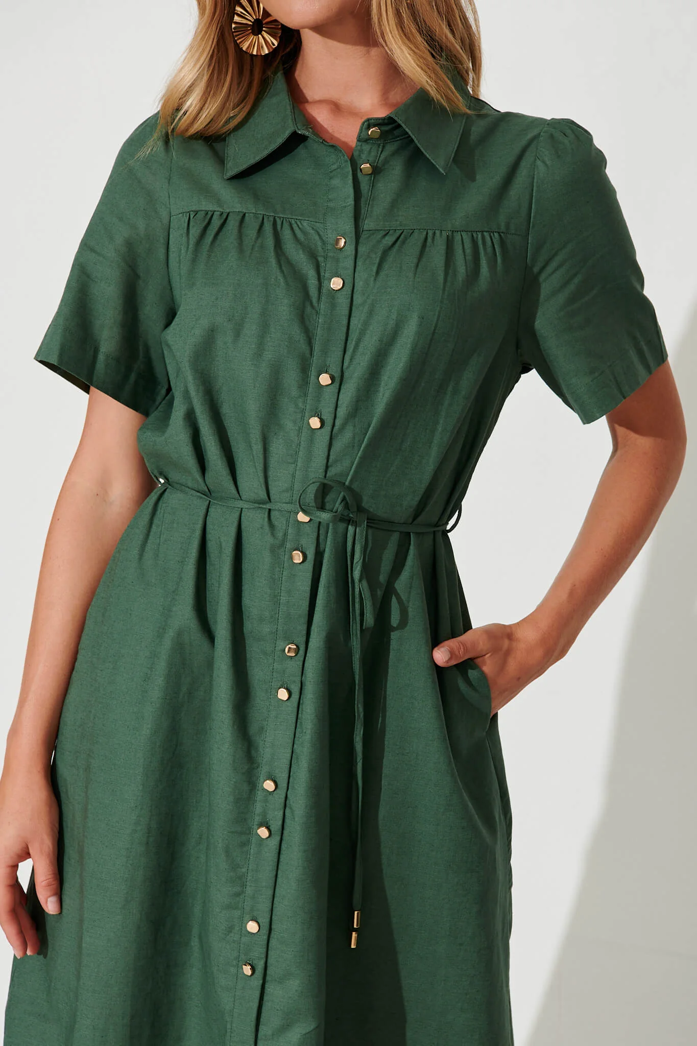 Oatland Midi Shirt Dress In Green Cotton Linen - Image 5