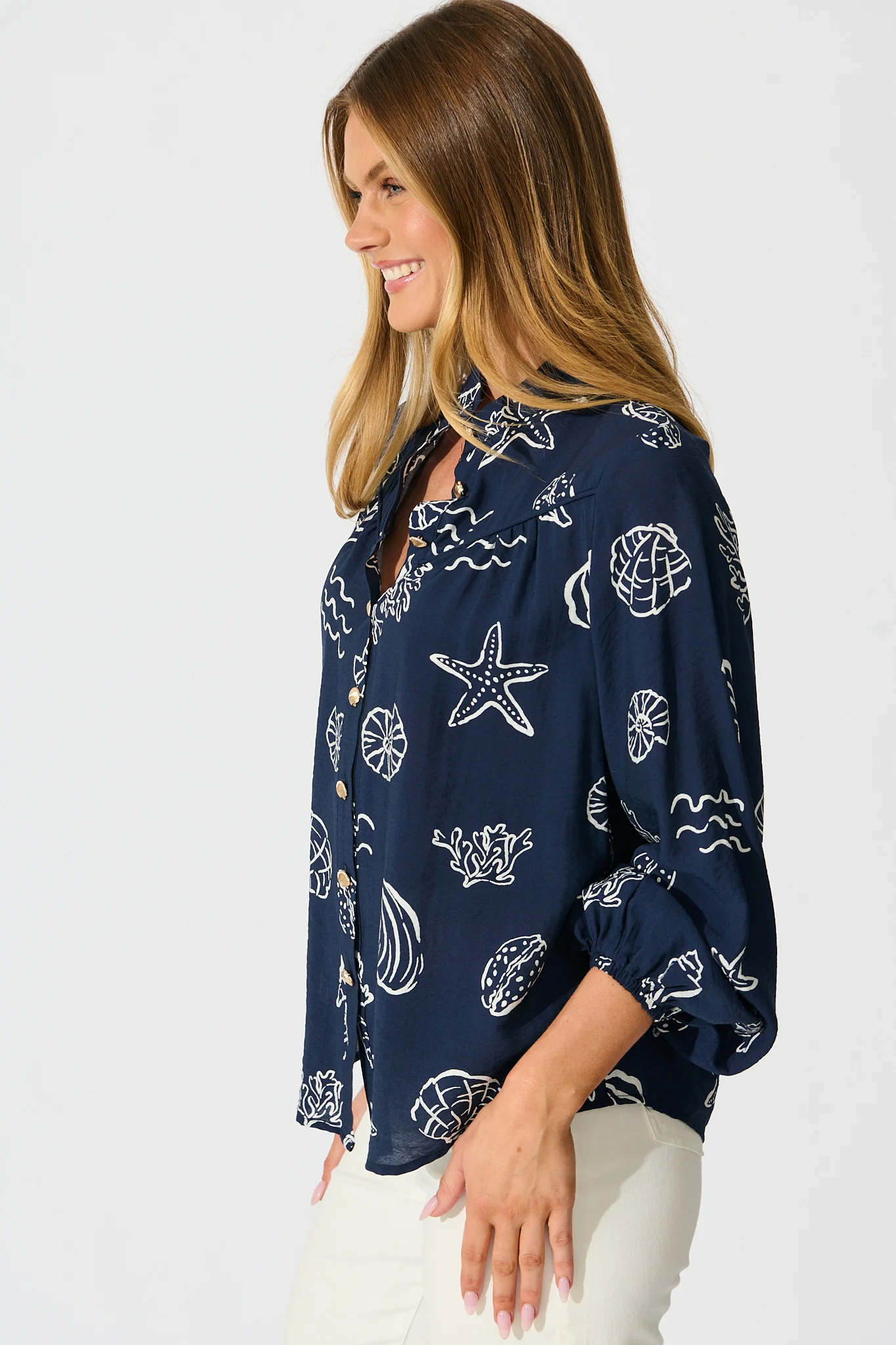 Oceans Embrace Top in Navy with White Shell Print - Image 2
