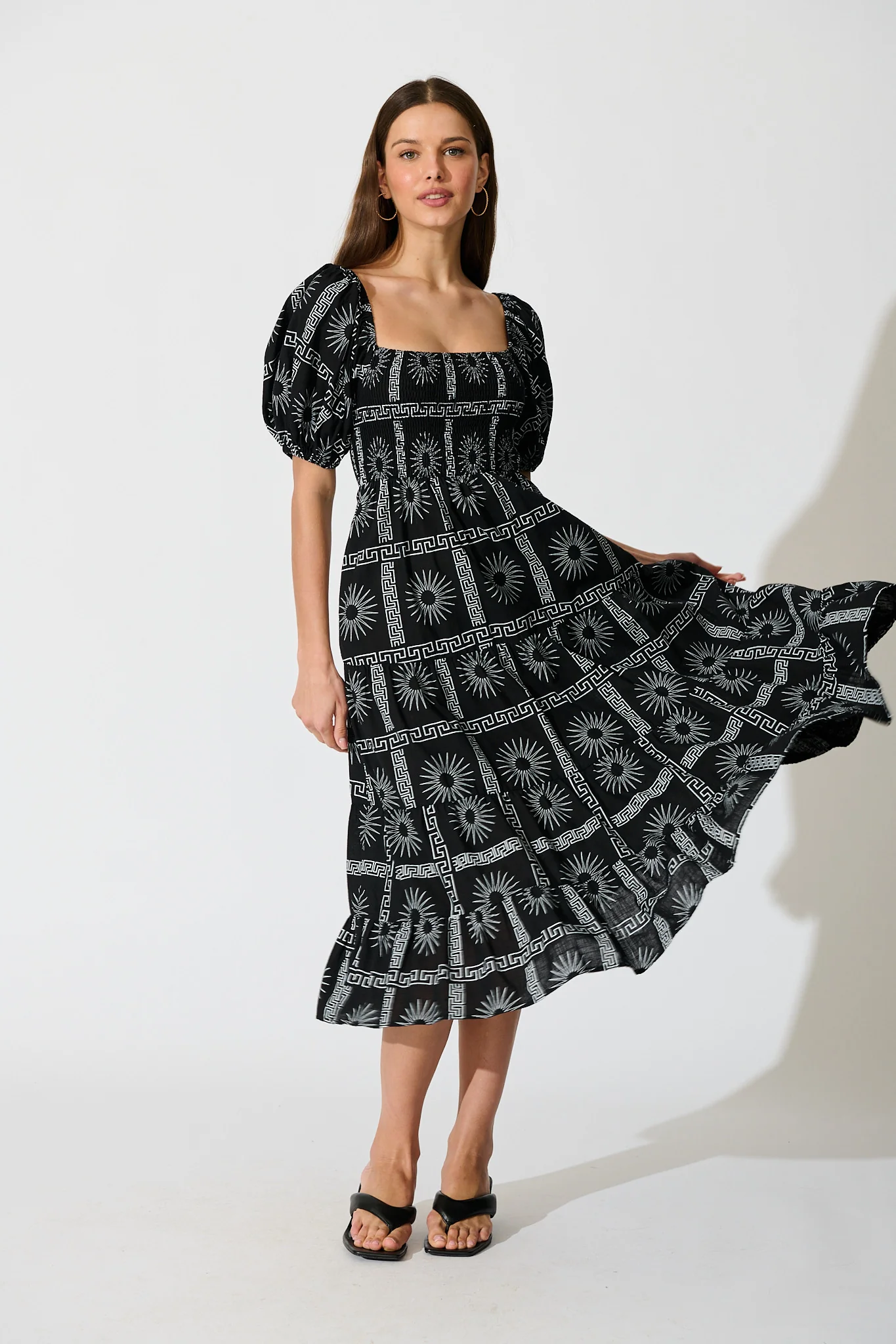 Oden Midi Dress in Black Tile Print Cotton
