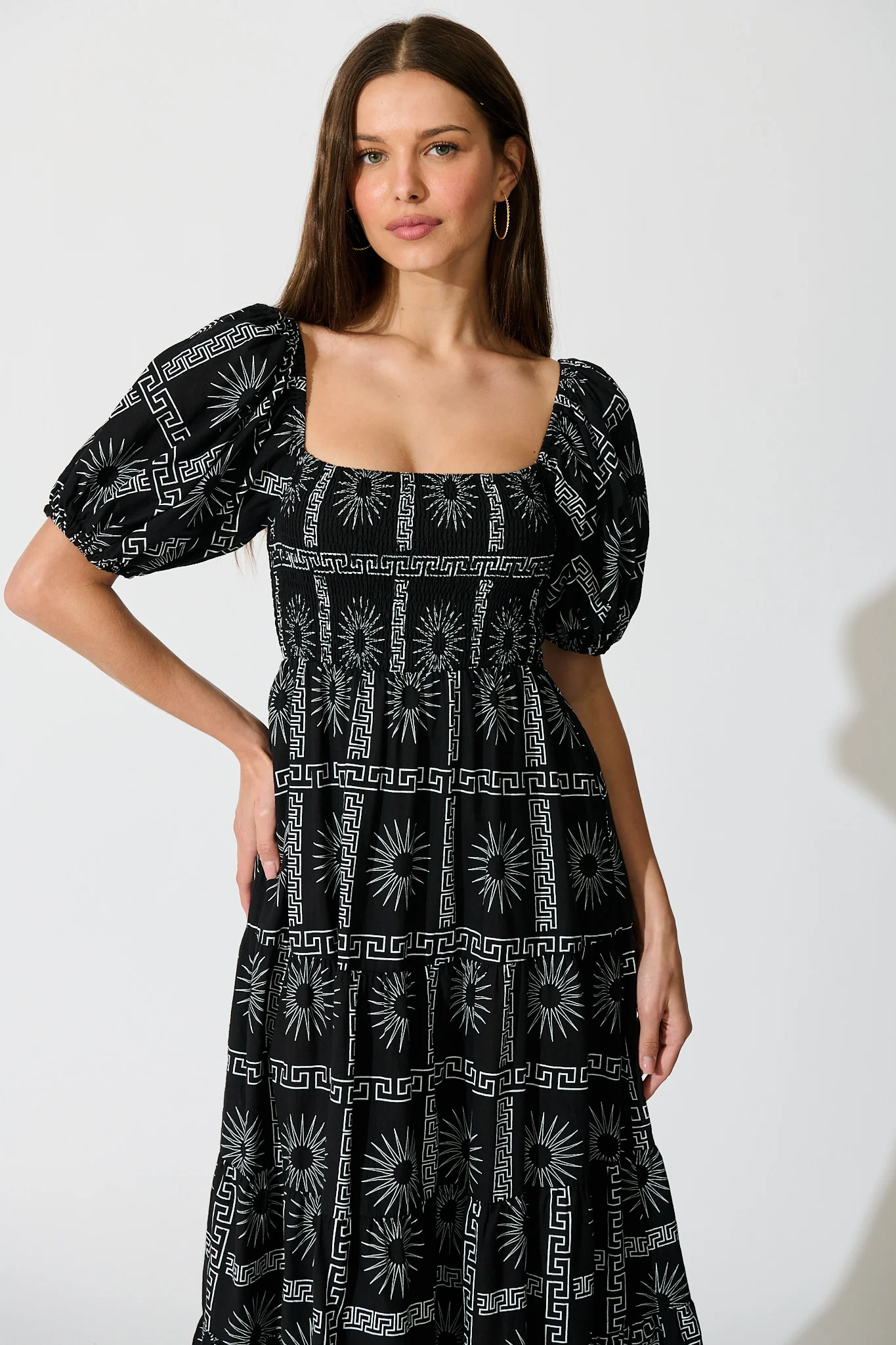 Oden Midi Dress in Black Tile Print Cotton - Image 2