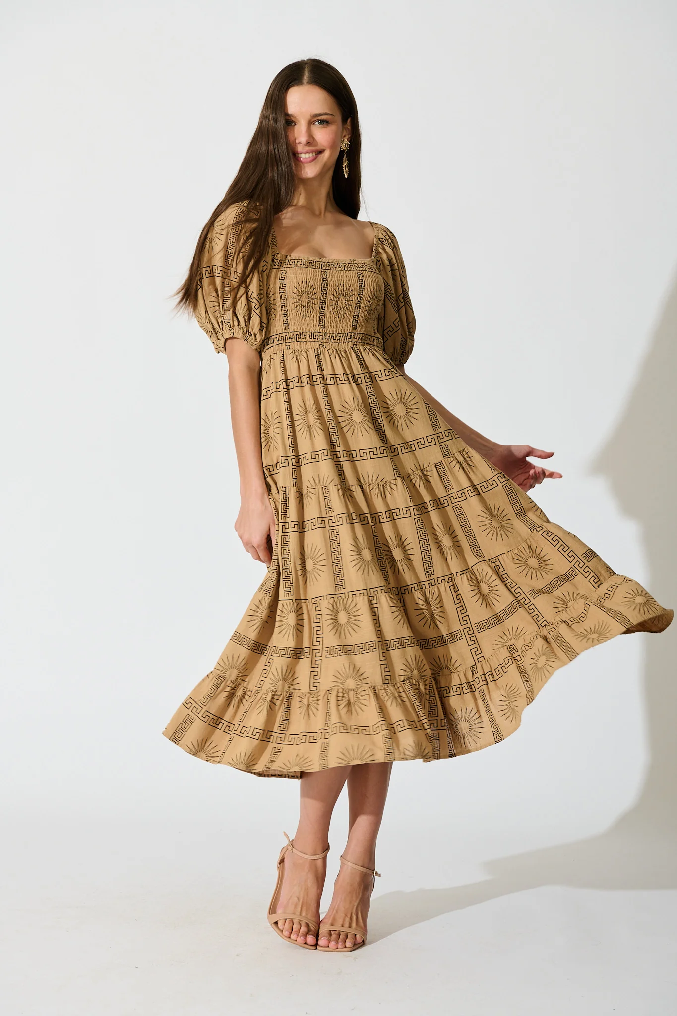 Oden Midi Dress in Camel Tile Print Cotton