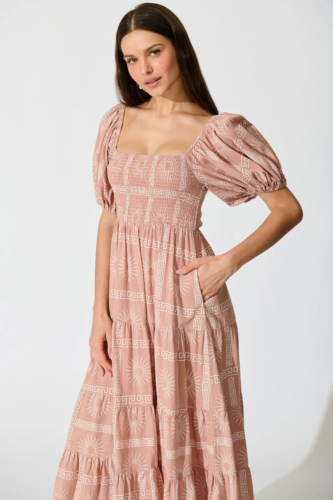 Oden Midi Dress in Dusty Pink Tile Print Cotton - Image 2