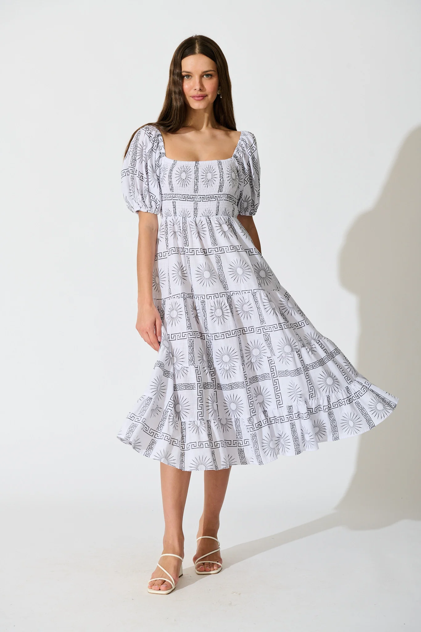 Oden Midi Dress in White Tile Print Cotton
