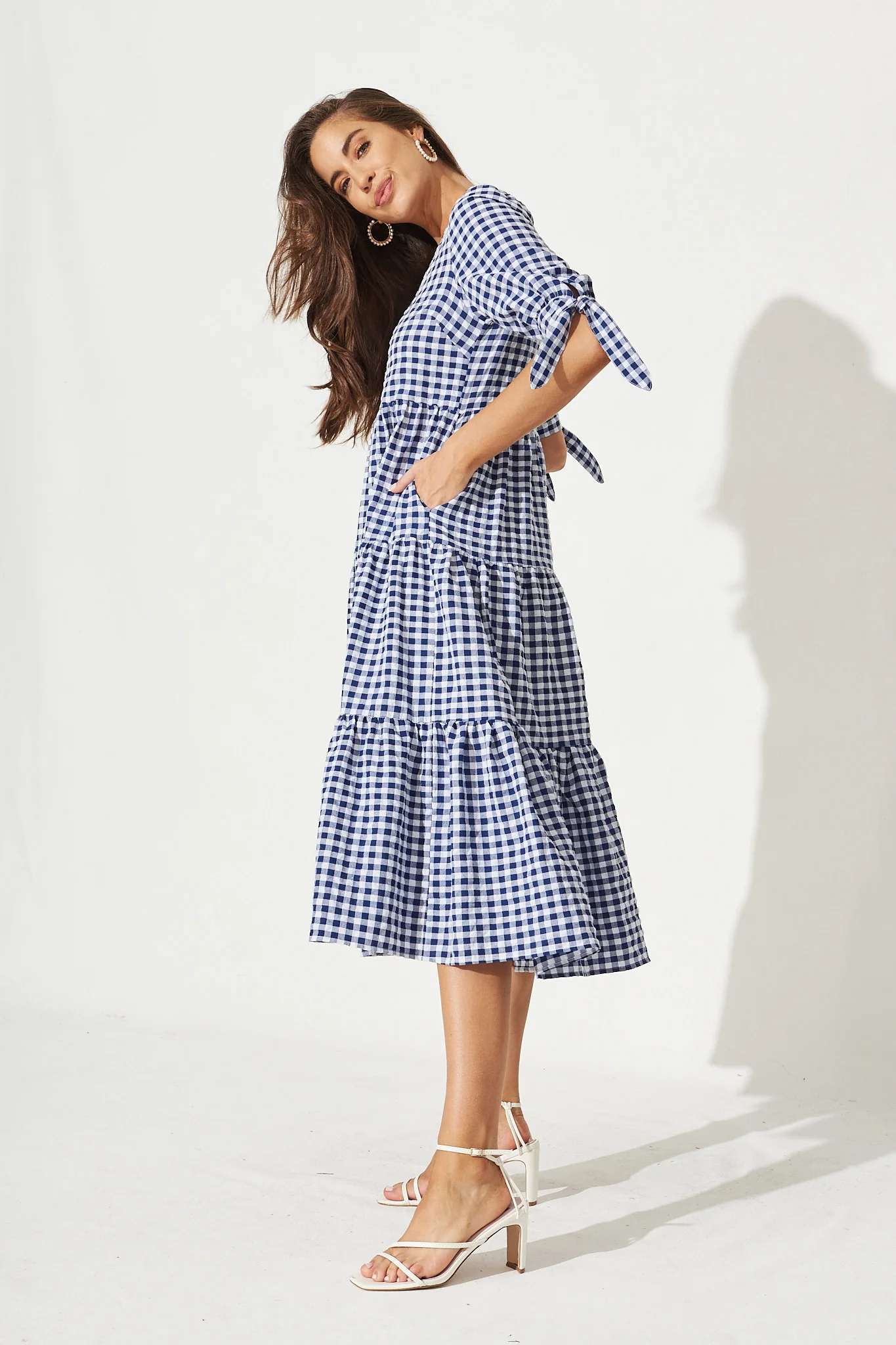 Odewick Midi Dress In Navy Gingham - Image 3