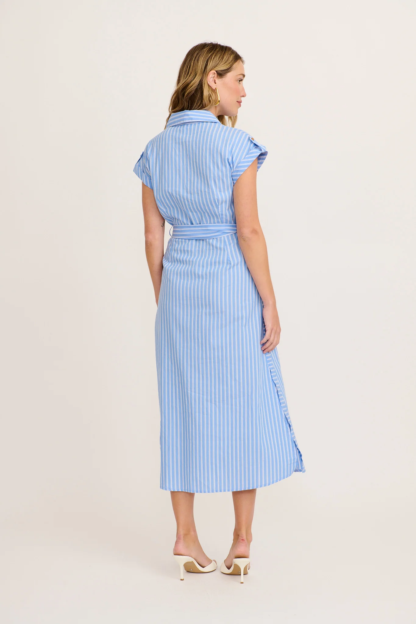Olvera Midi Shirt Dress in Blue with White Stripe Cotton - Image 4