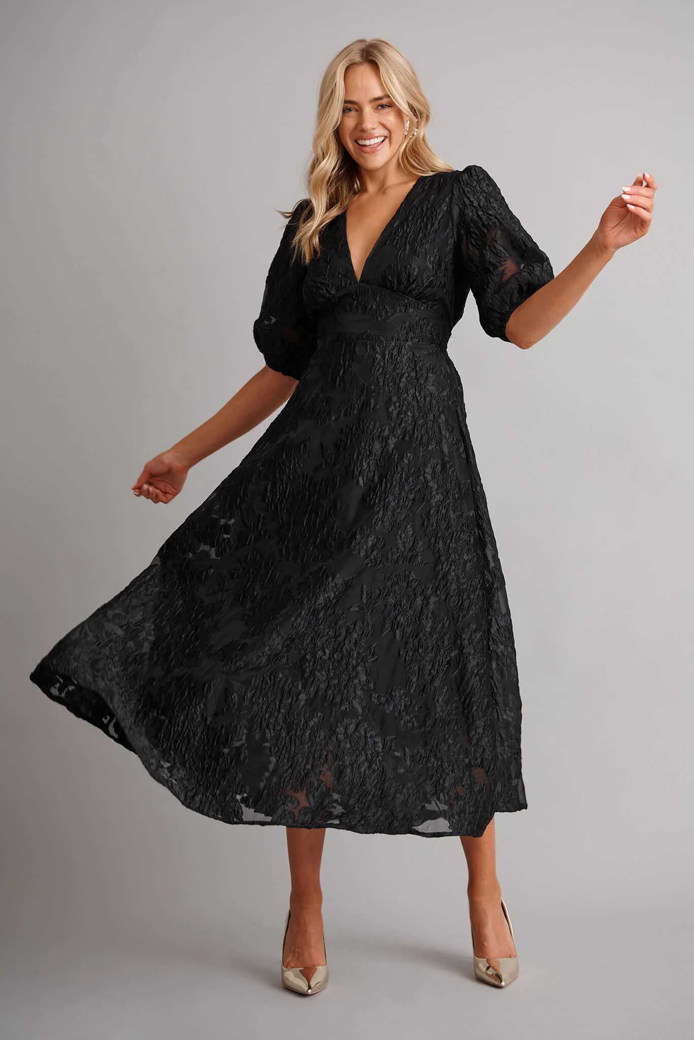 Opulence Midi Dress In Black Floral Organza Jacquard