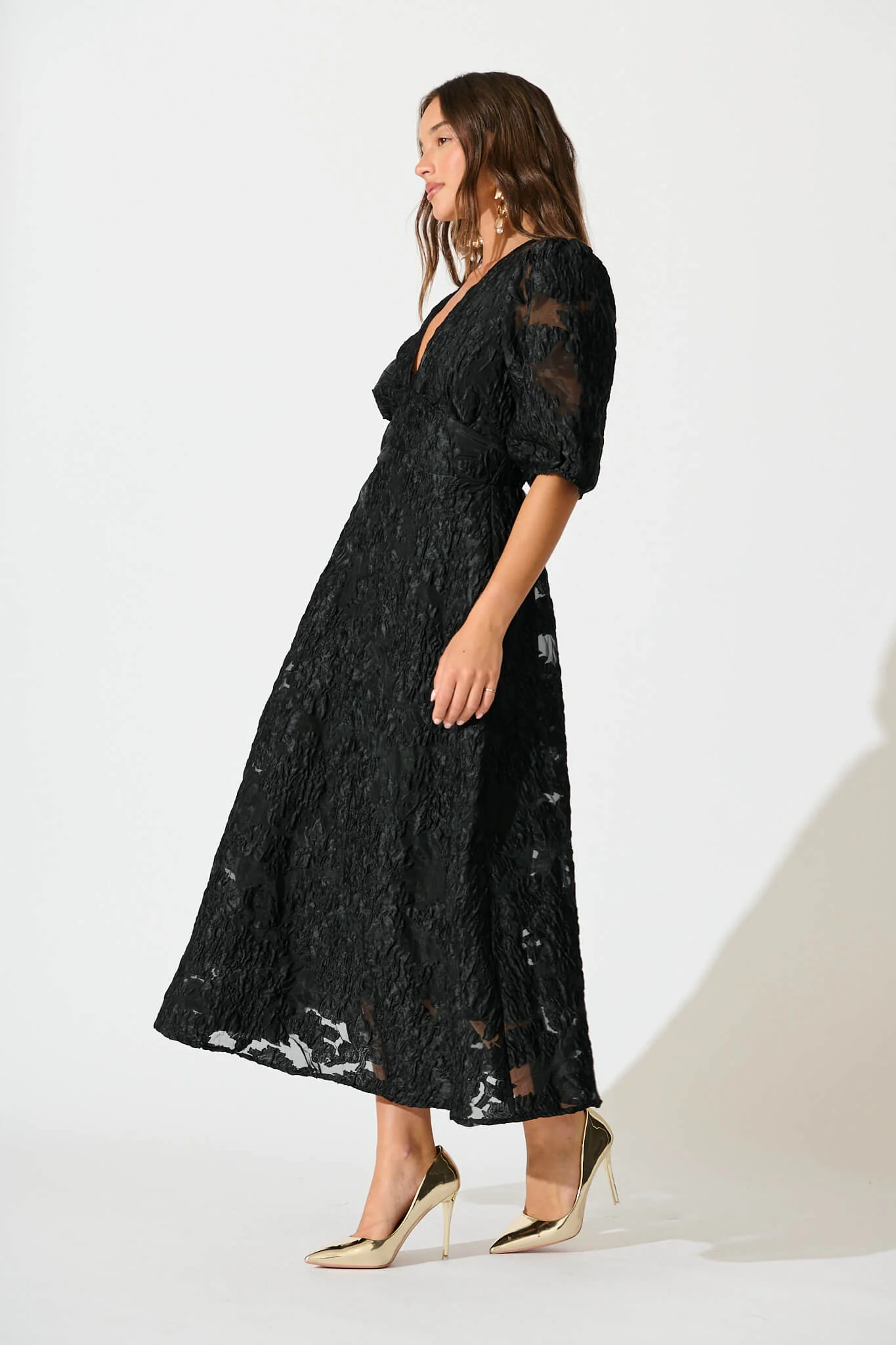 Opulence Midi Dress In Black Floral Organza Jacquard - Image 4