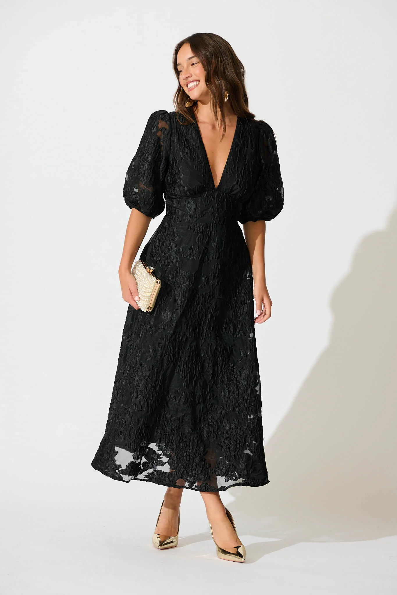 Opulence Midi Dress In Black Floral Organza Jacquard - Image 6