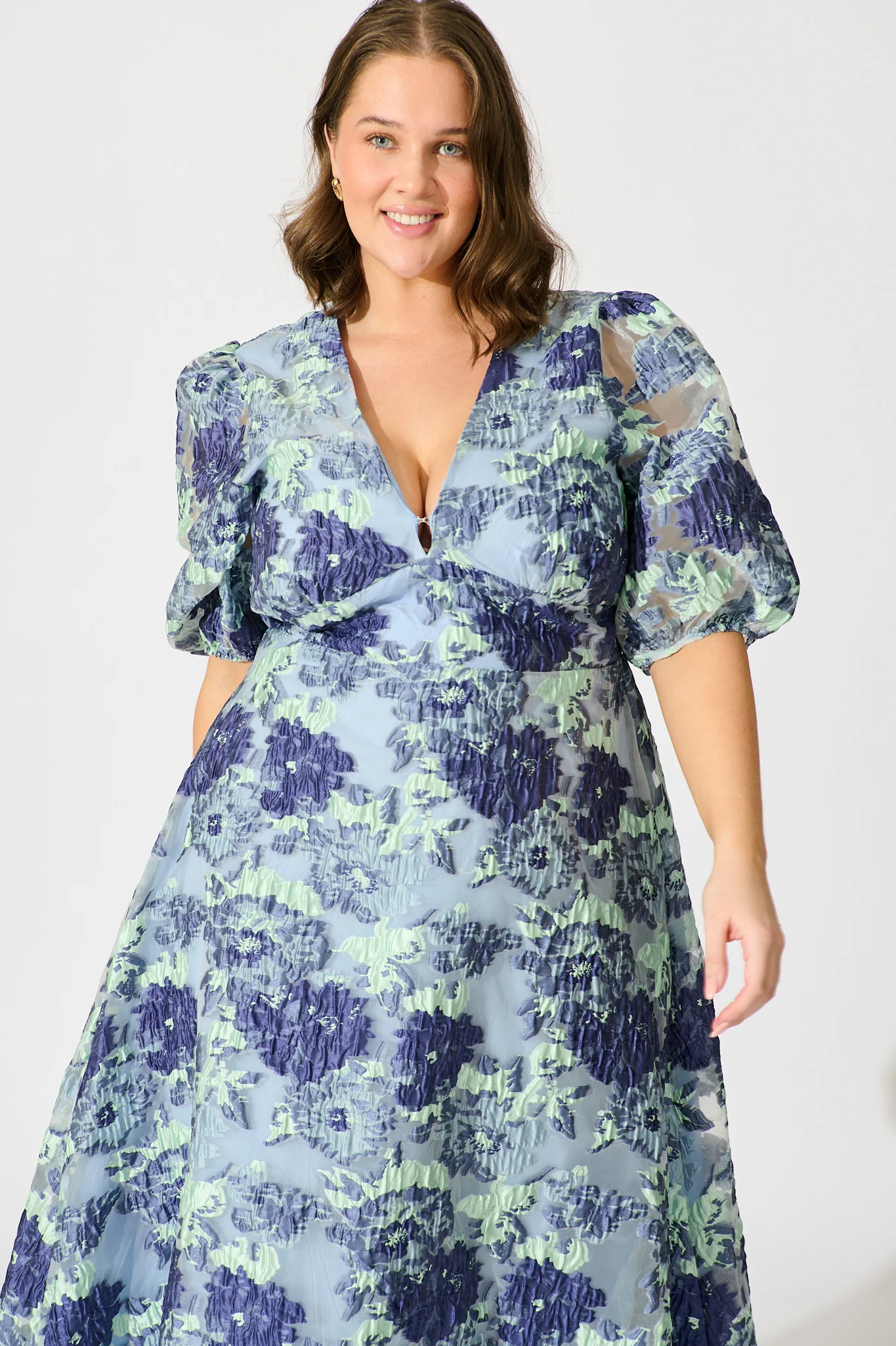 Opulence Midi Dress In Blue Floral Organza Jacquard - Image 12
