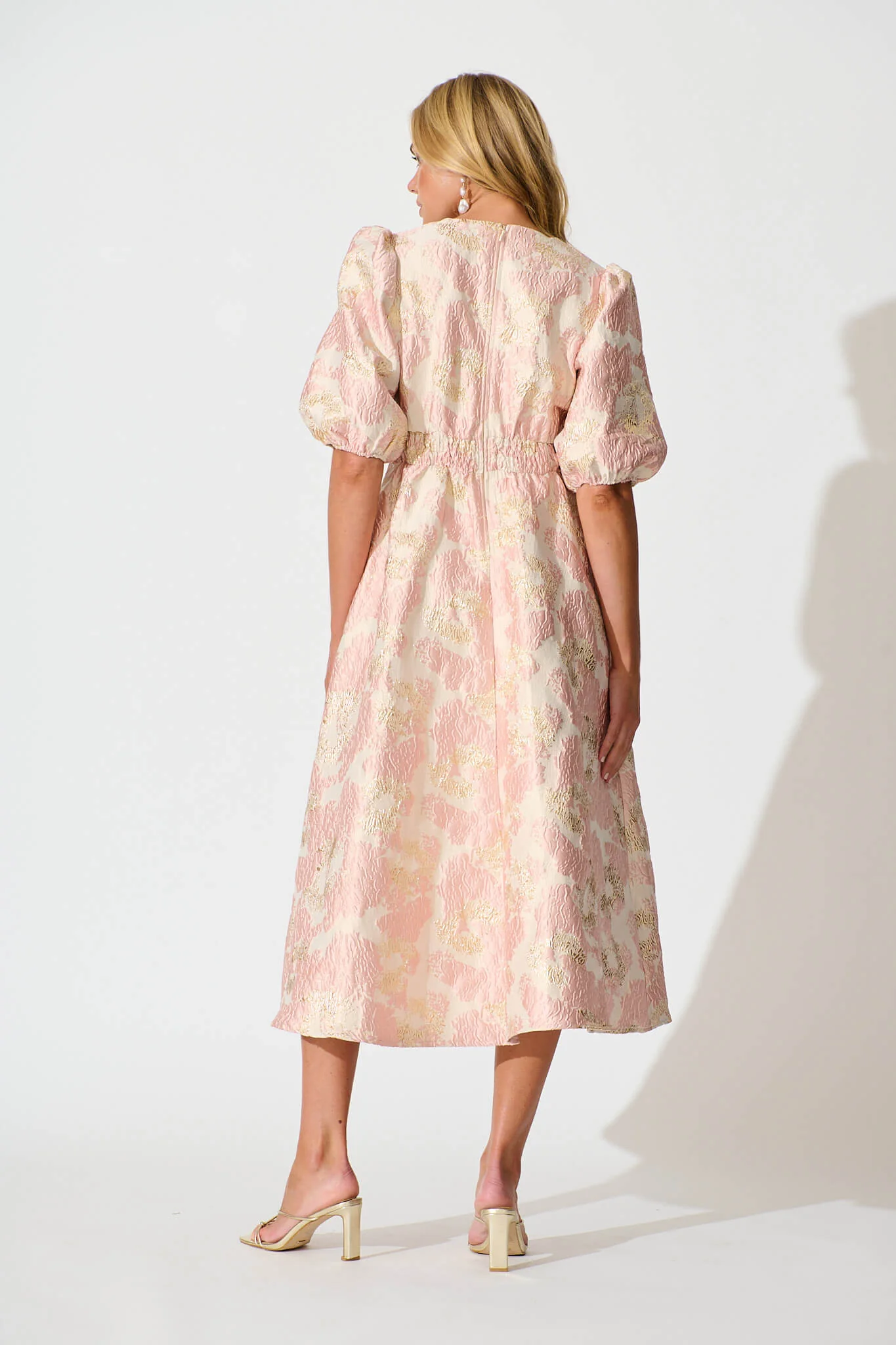 Opulence Midi Dress in Blush with Gold Jacquard - Image 4
