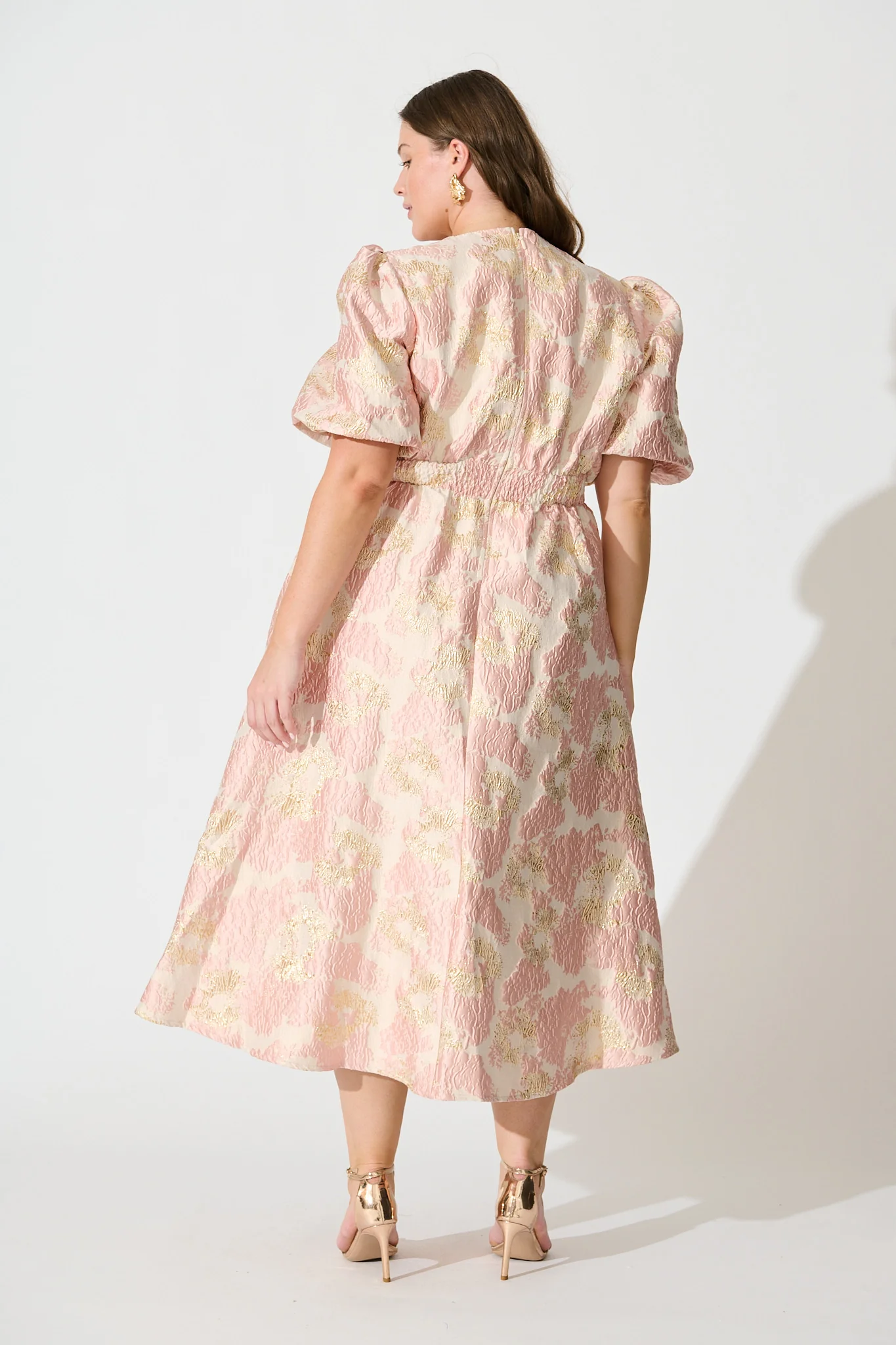 Opulence Midi Dress in Blush with Gold Jacquard - Image 9