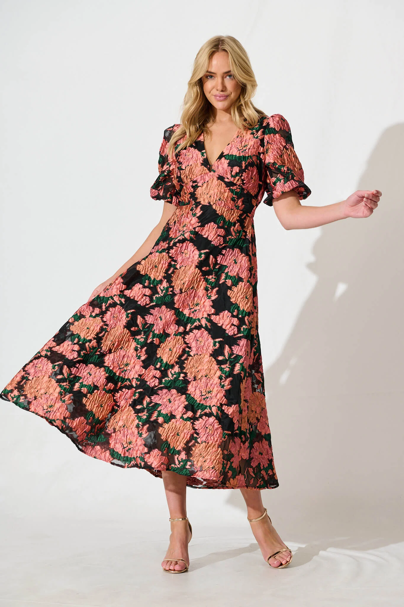 Opulence Midi Dress In Coral Floral Organza