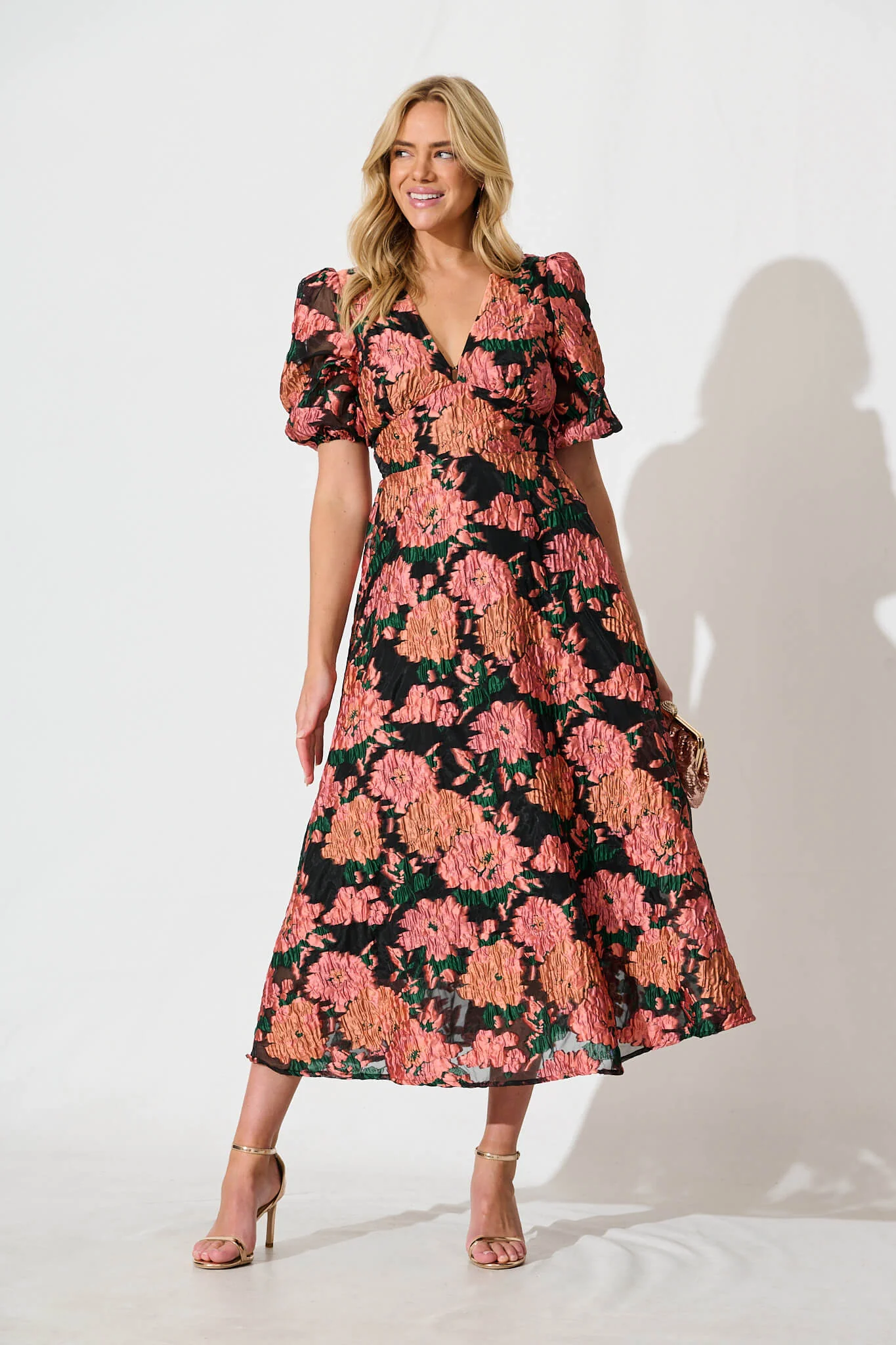 Opulence Midi Dress In Coral Floral Organza - Image 5