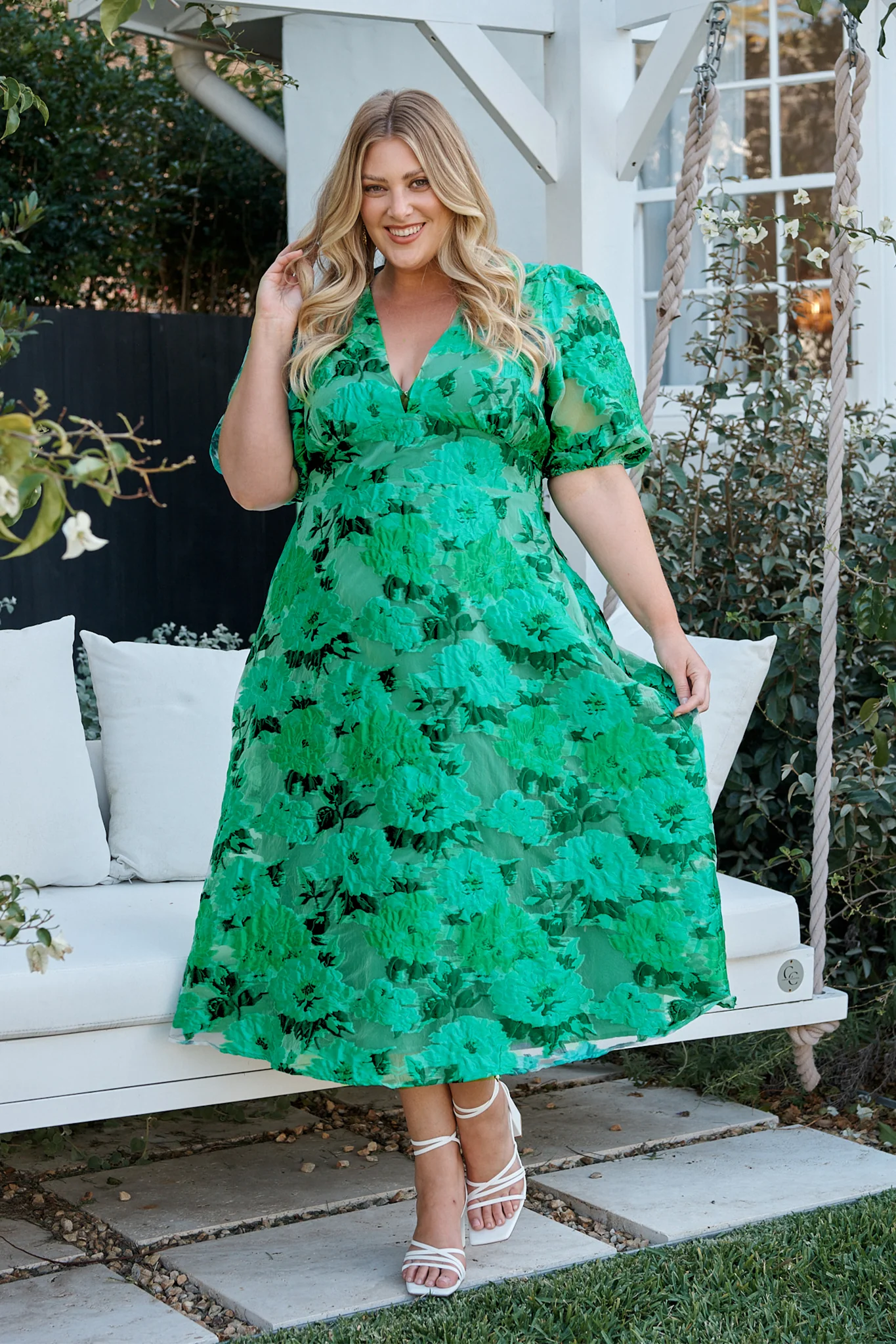 Opulence Midi Dress In Jade Green Organza Jacquard