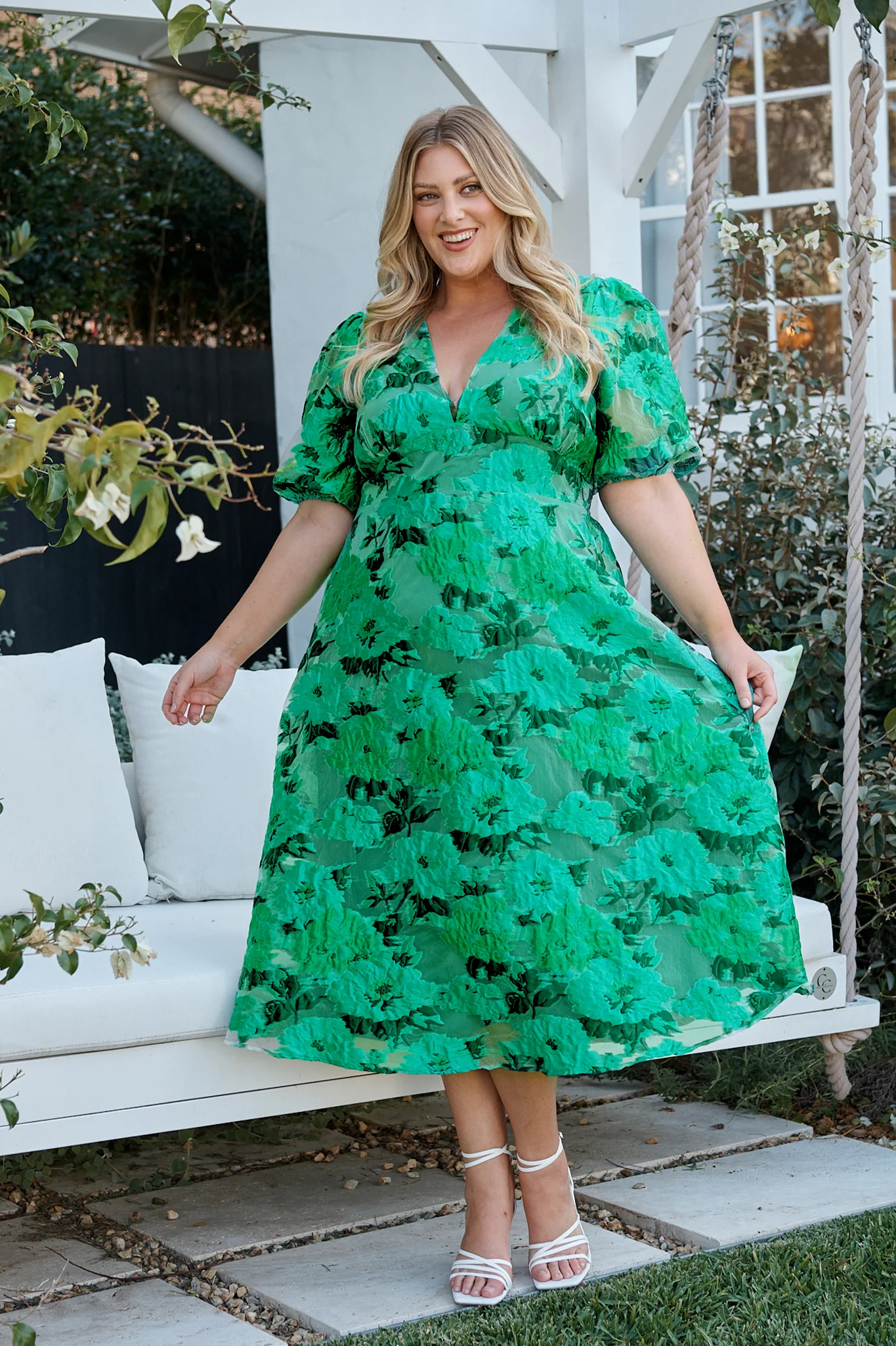 Opulence Midi Dress In Jade Green Organza Jacquard - Image 2