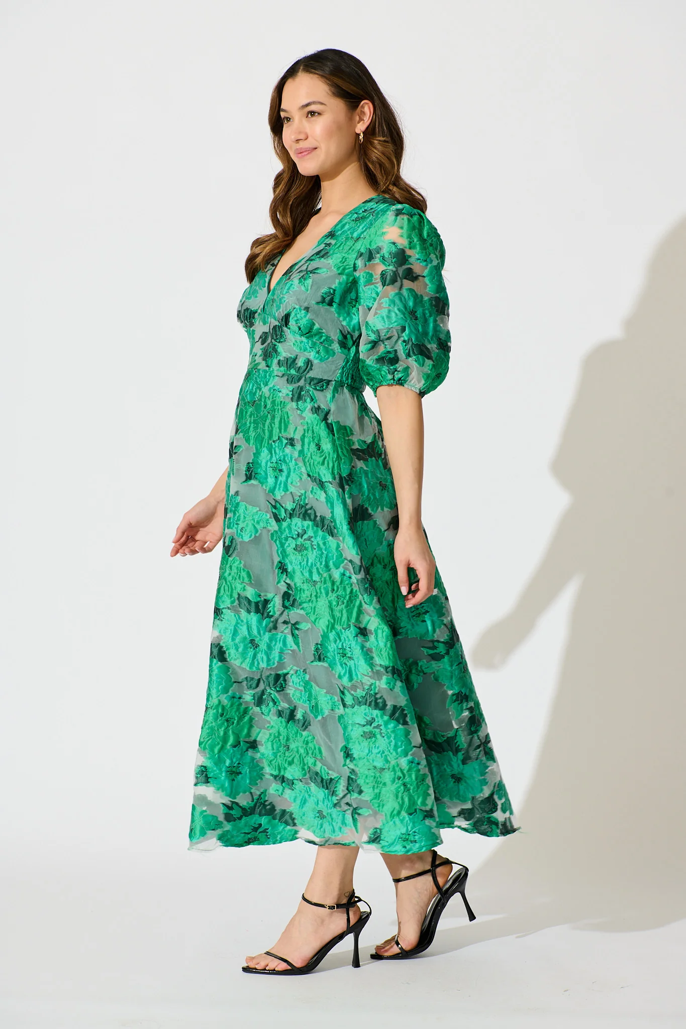 Opulence Midi Dress In Jade Green Organza Jacquard - Image 7