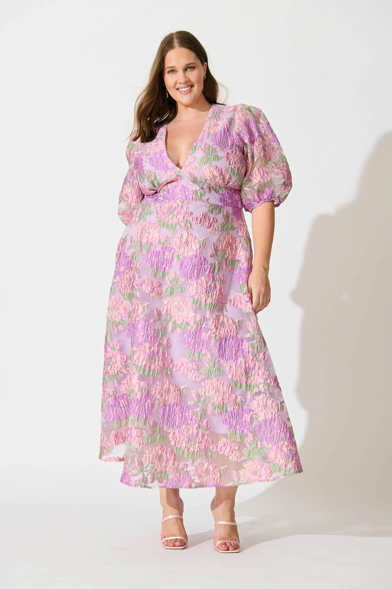 Opulence Midi Dress In Lilac Floral Organza Jacquard - Image 2