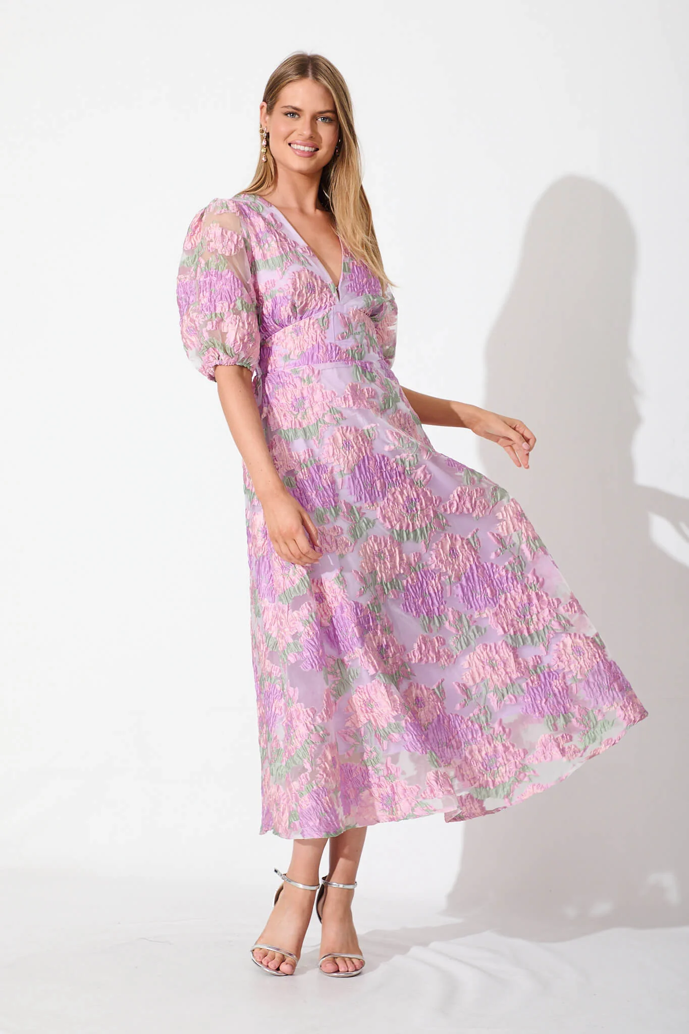 Opulence Midi Dress In Lilac Floral Organza Jacquard - Image 3