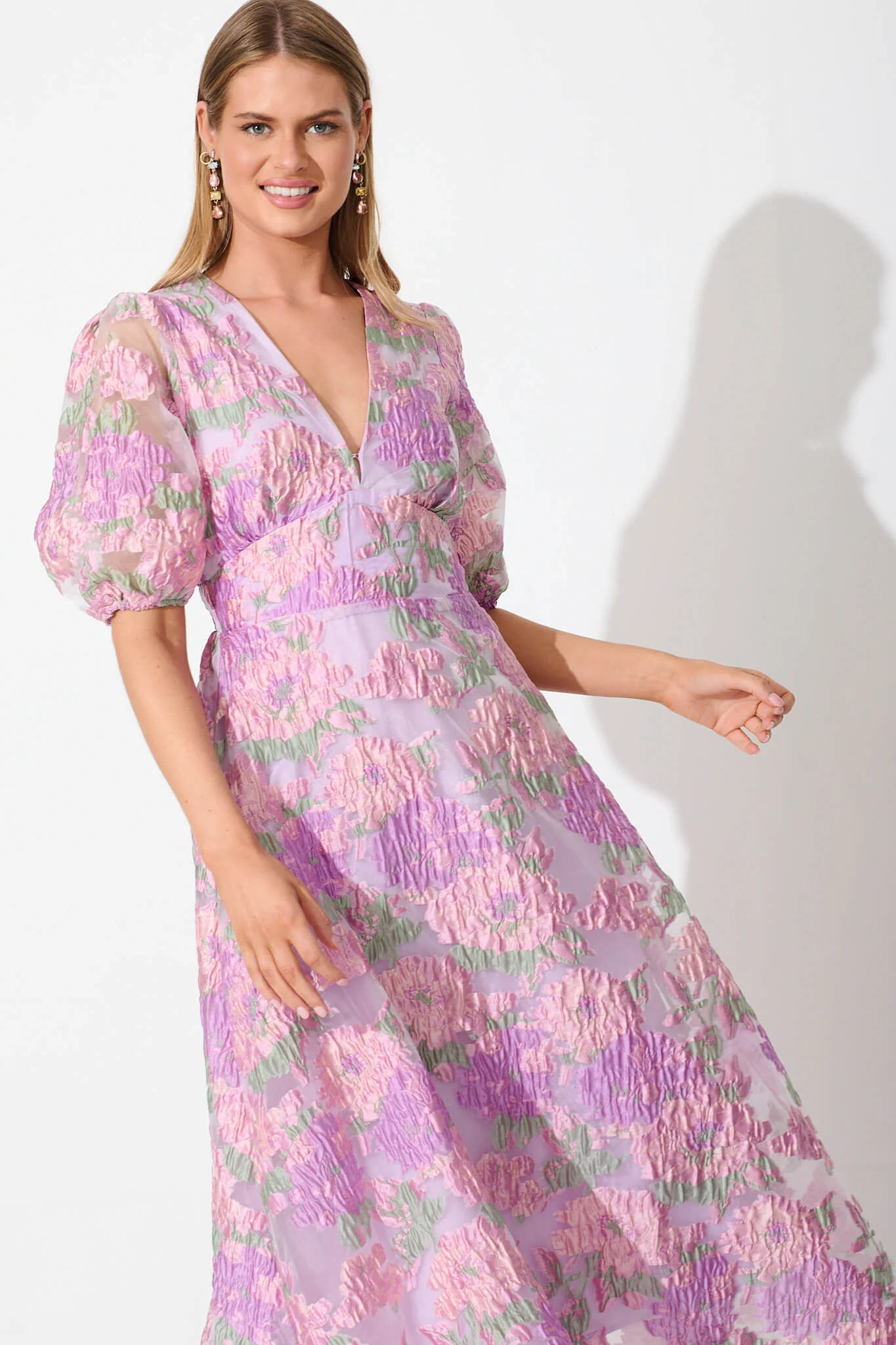 Opulence Midi Dress In Lilac Floral Organza Jacquard - Image 7