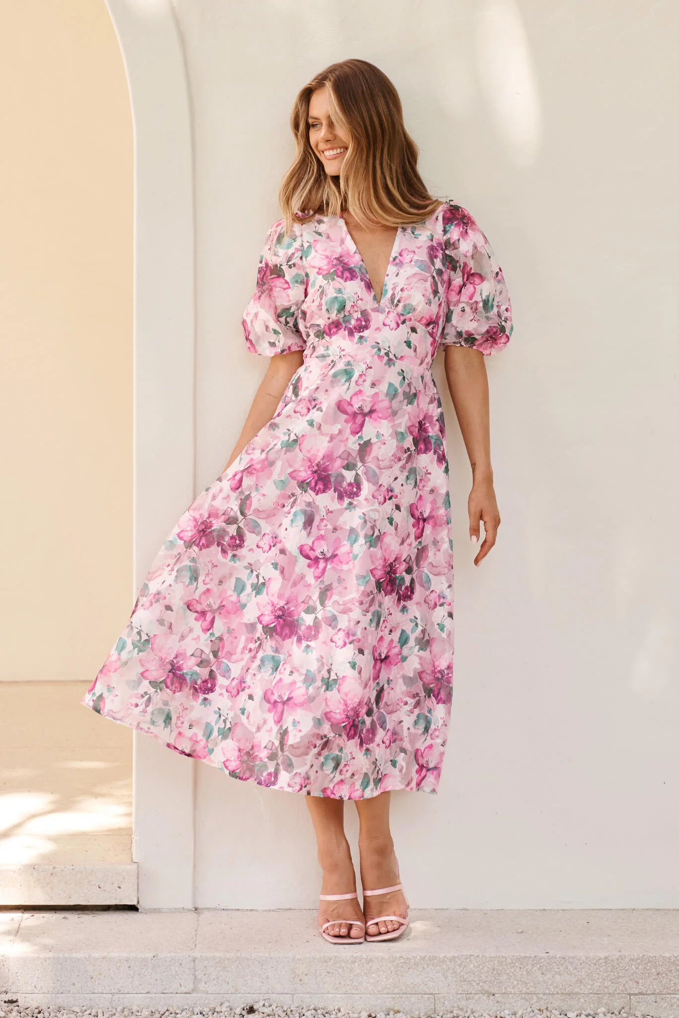 Opulence Midi Dress in Multi Pink Floral Organza - Image 4