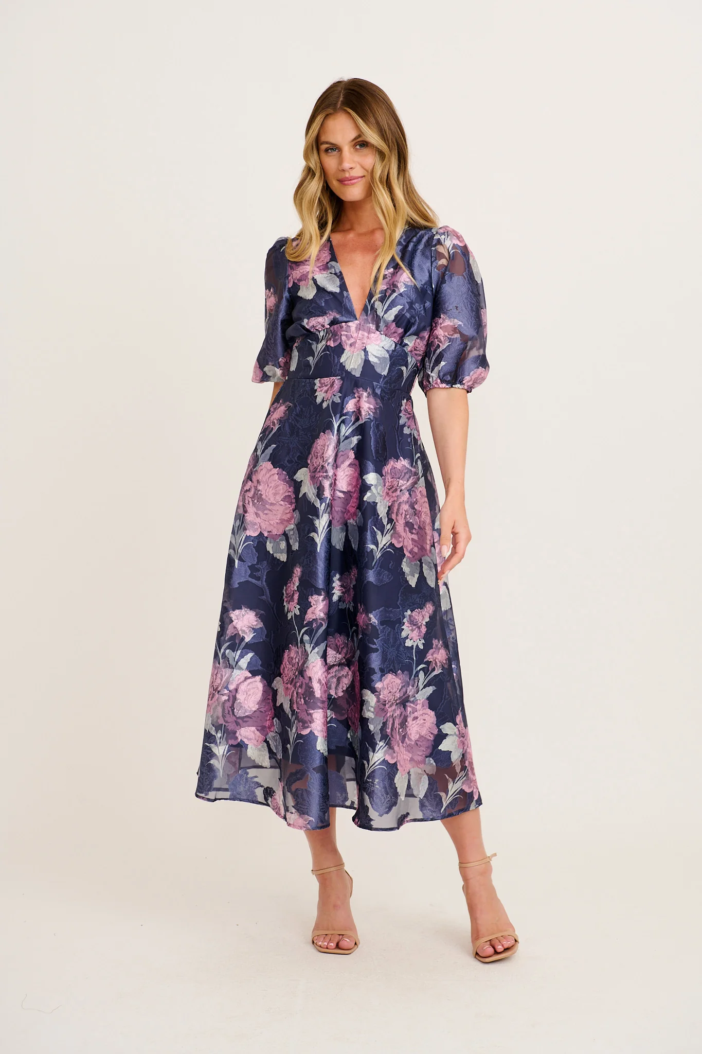 Opulence Midi Dress in Navy with Pink Floral Organza