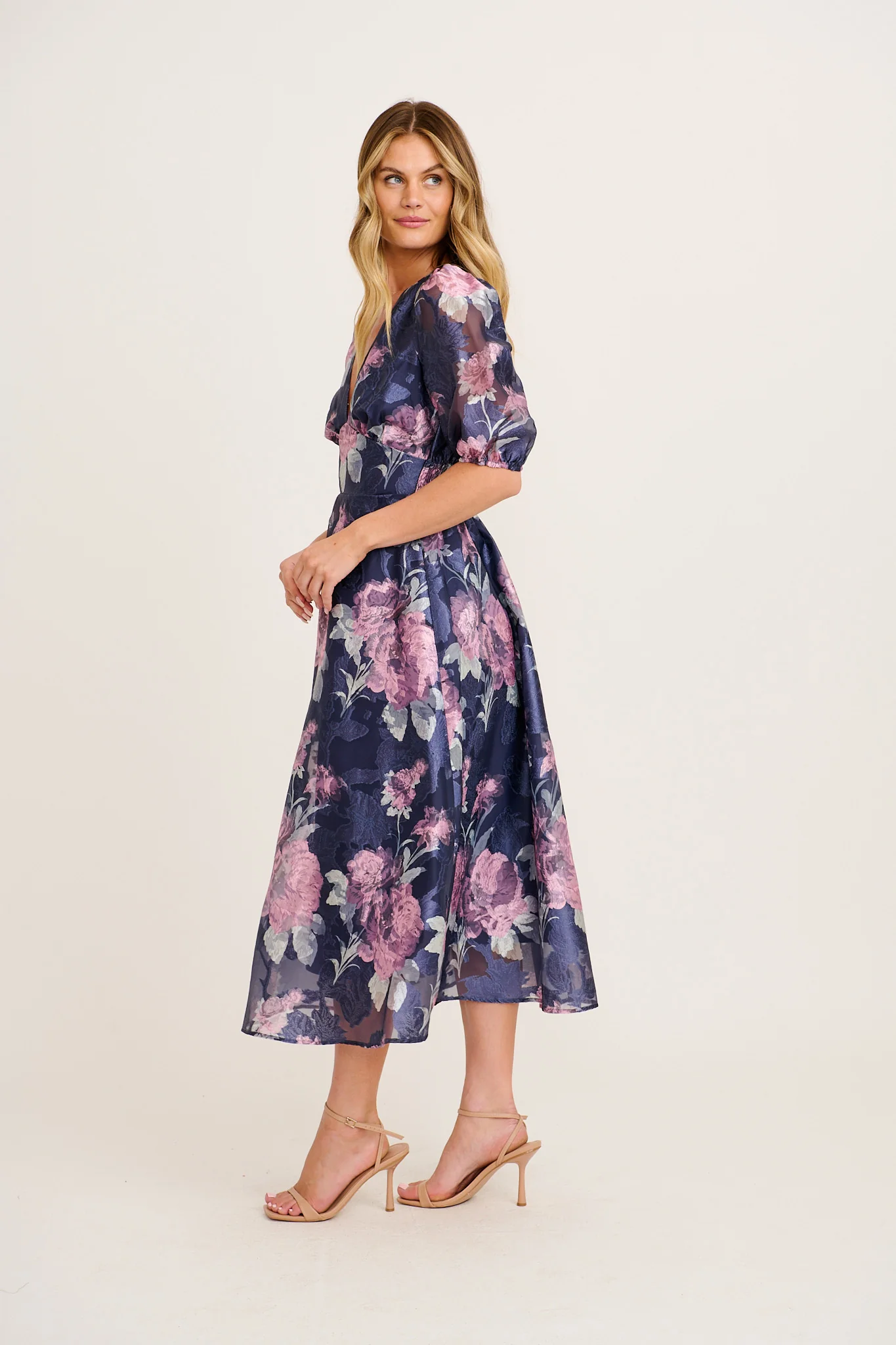 Opulence Midi Dress in Navy with Pink Floral Organza - Image 3