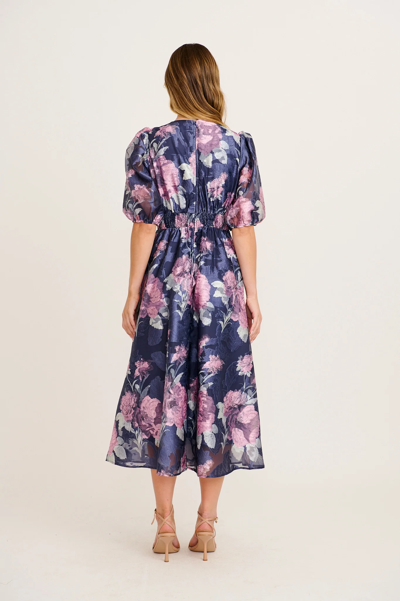 Opulence Midi Dress in Navy with Pink Floral Organza - Image 4